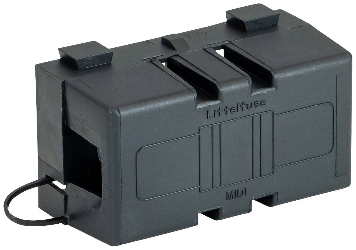 Ein rechteckiges schwarzes Gehäuse mit der Aufschrift 'Littelfuse MIDI' auf der Vorderseite.