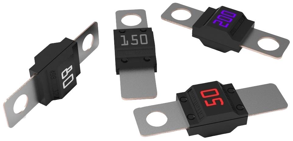 Vier schwarze elektrische Sicherungen mit Metallkontakten; aufgedruckte Zahlen zeigen 80, 150, 50 und 200 an.