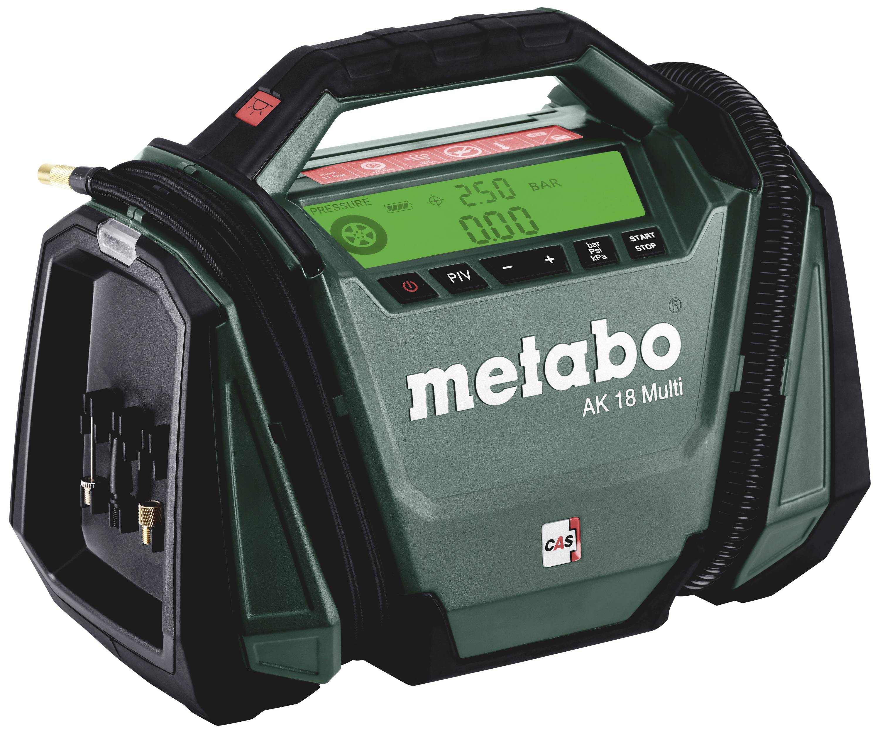 Tragbarer Metabo AK 18 Multi Kompressor, grün, mit digitalem Display, verschiedenen Druckeinstellungen und robustem Gehäuse.