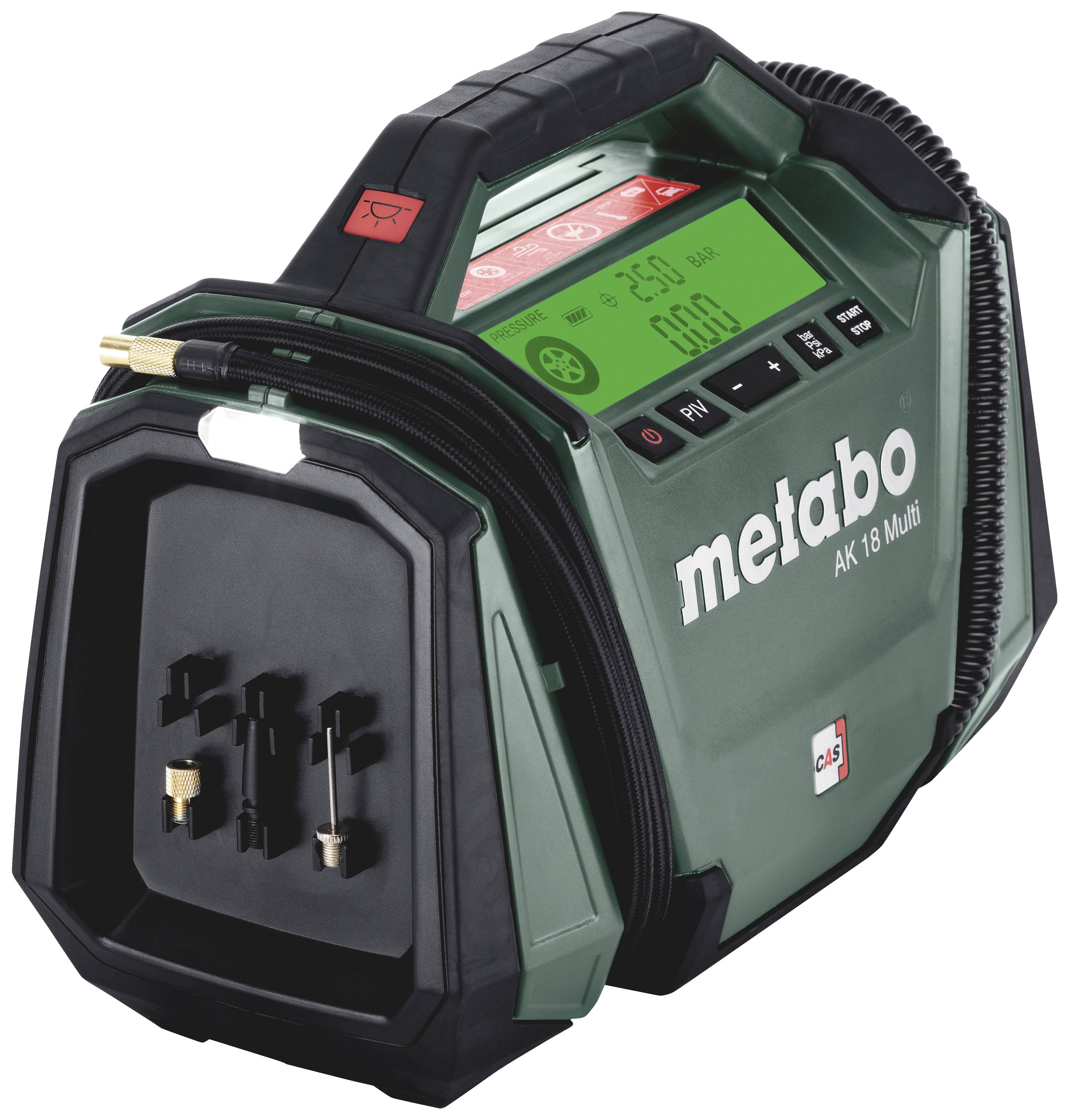 Tragbarer Metabo Kompressor AK 18 Multi, mit Display und Bedienelementen oben, Wendeschalter für Luftdruck, Kabel und Schlauch.