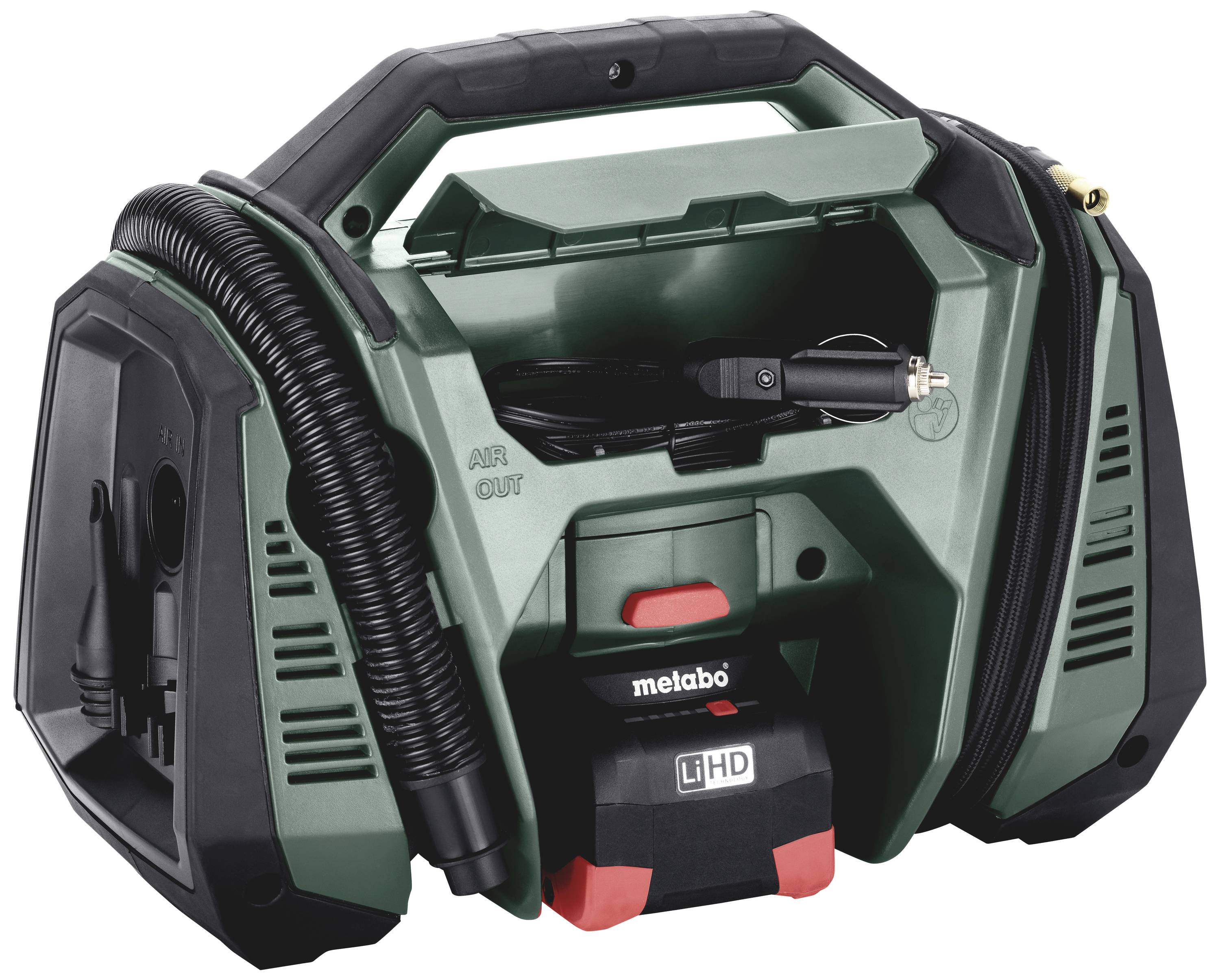 Tragbarer Metabo Akku-Kompressor in grünem Gehäuse mit schwarzem Schlauch und rotem Knopf, geeignet für mobile Anwendungen.