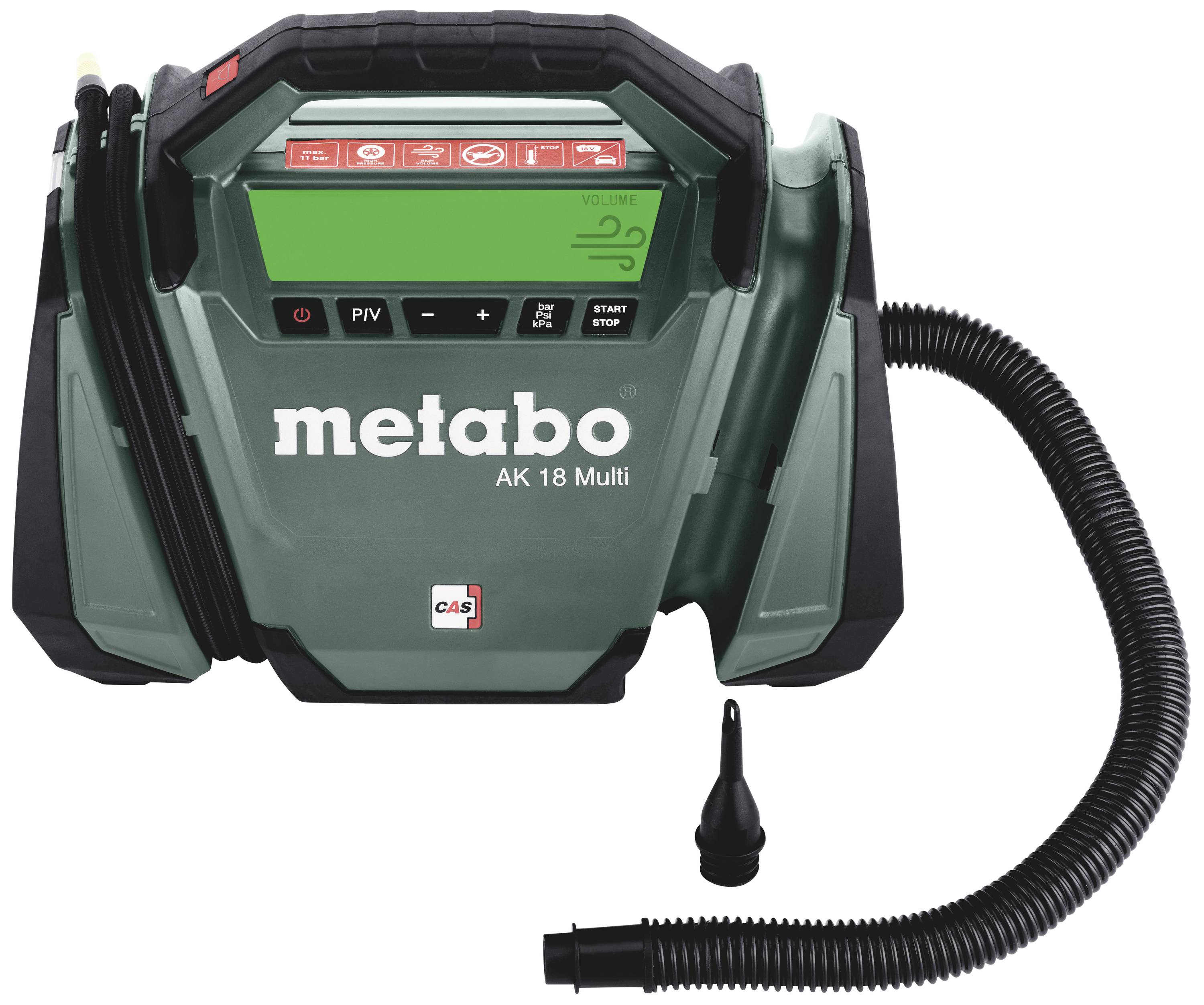 'Metabo AK 18 Multi' tragbare Pumpe mit digitalem Display, Bedienelementen und Schlauch; ideal zum Aufpumpen von Reifen und mehr.