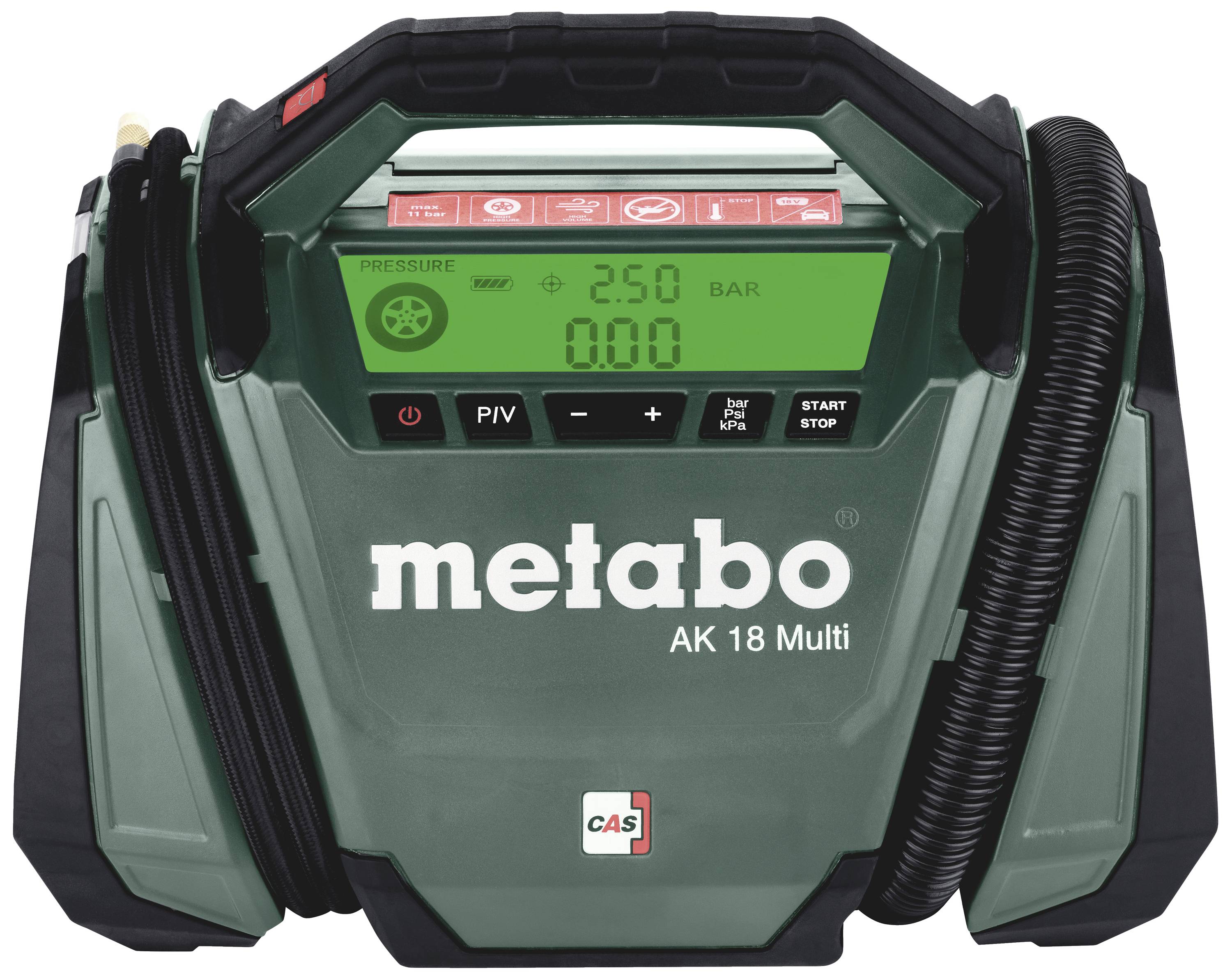 'Metabo AK 18 Multi' tragbarer Kompressor, zeigt 2,50 Bar Druck auf Display. Ideal für vielseitige Druckanwendungen.
