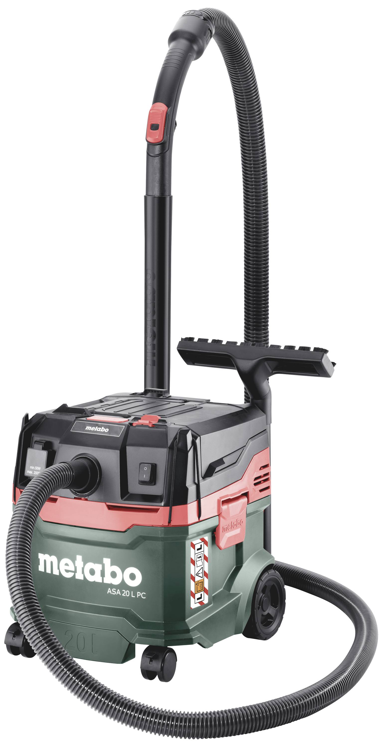 Ein Metabo Nass- und Trockensauger mit grünem Korpus und schwarzem Schlauch, geeignet für Werkstätten oder Bauarbeiten.