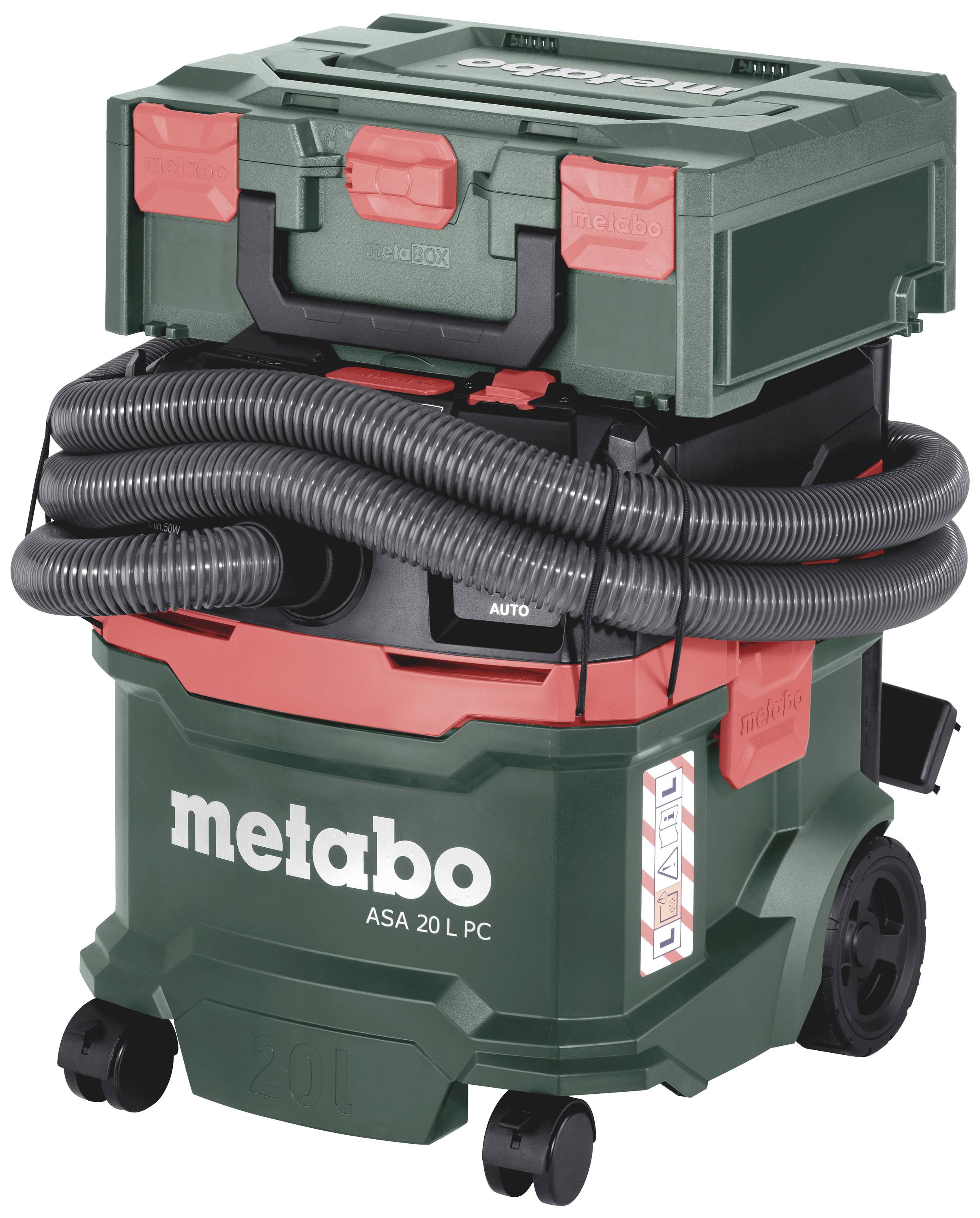 Ein grüner Industriesauger von Metabo mit rotem Deckel und aufgerolltem Schlauch. Modell 'ASA 20 L PC'. Mobil auf Rädern.