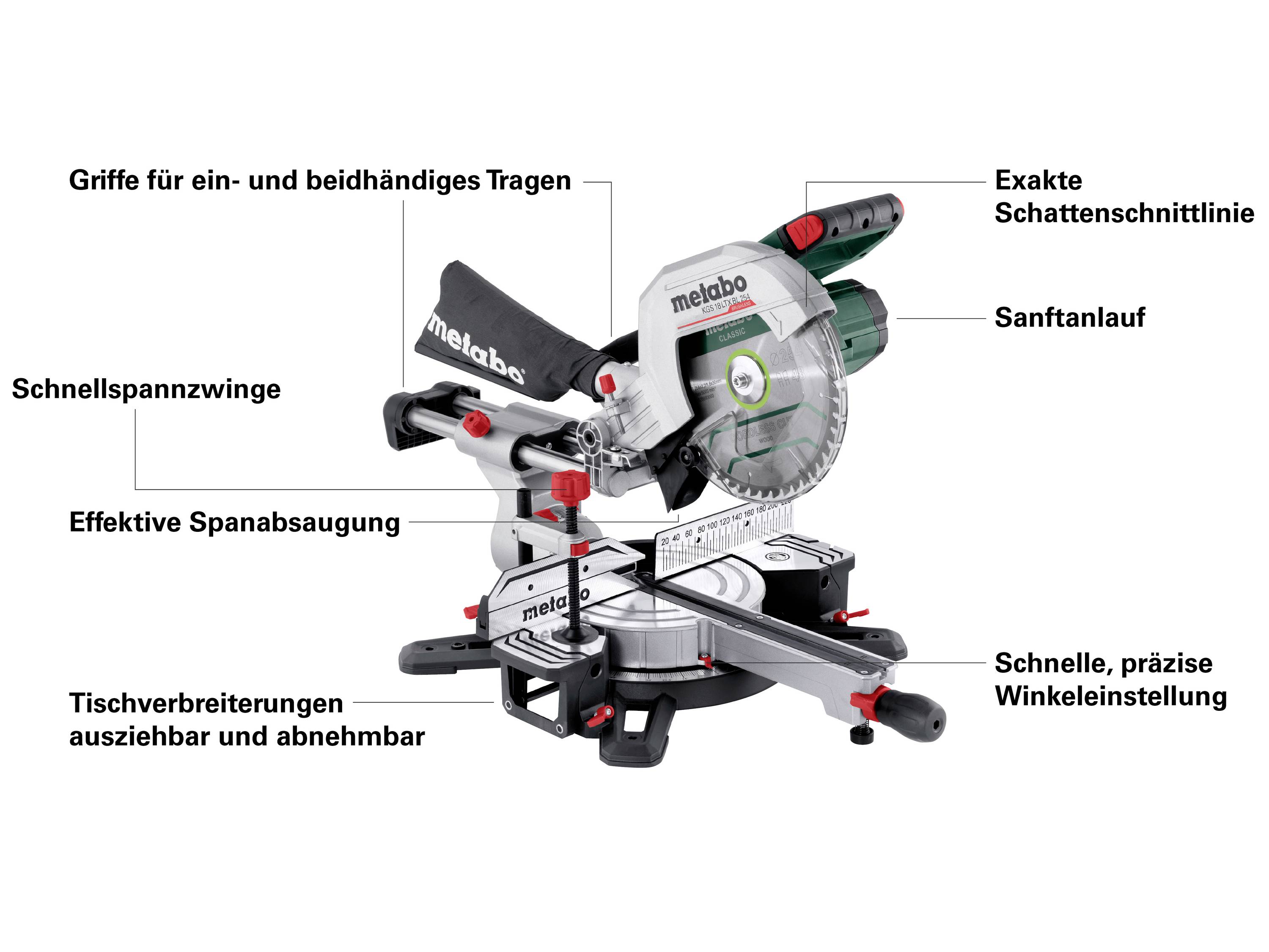 Kappsäge mit Merkmalen: Griffe für Tragen, exakte Schnittlinien, Sanftanlauf, Schnellspannzwinge, Tischverbreiterung, präzise Winkeleinstellung.