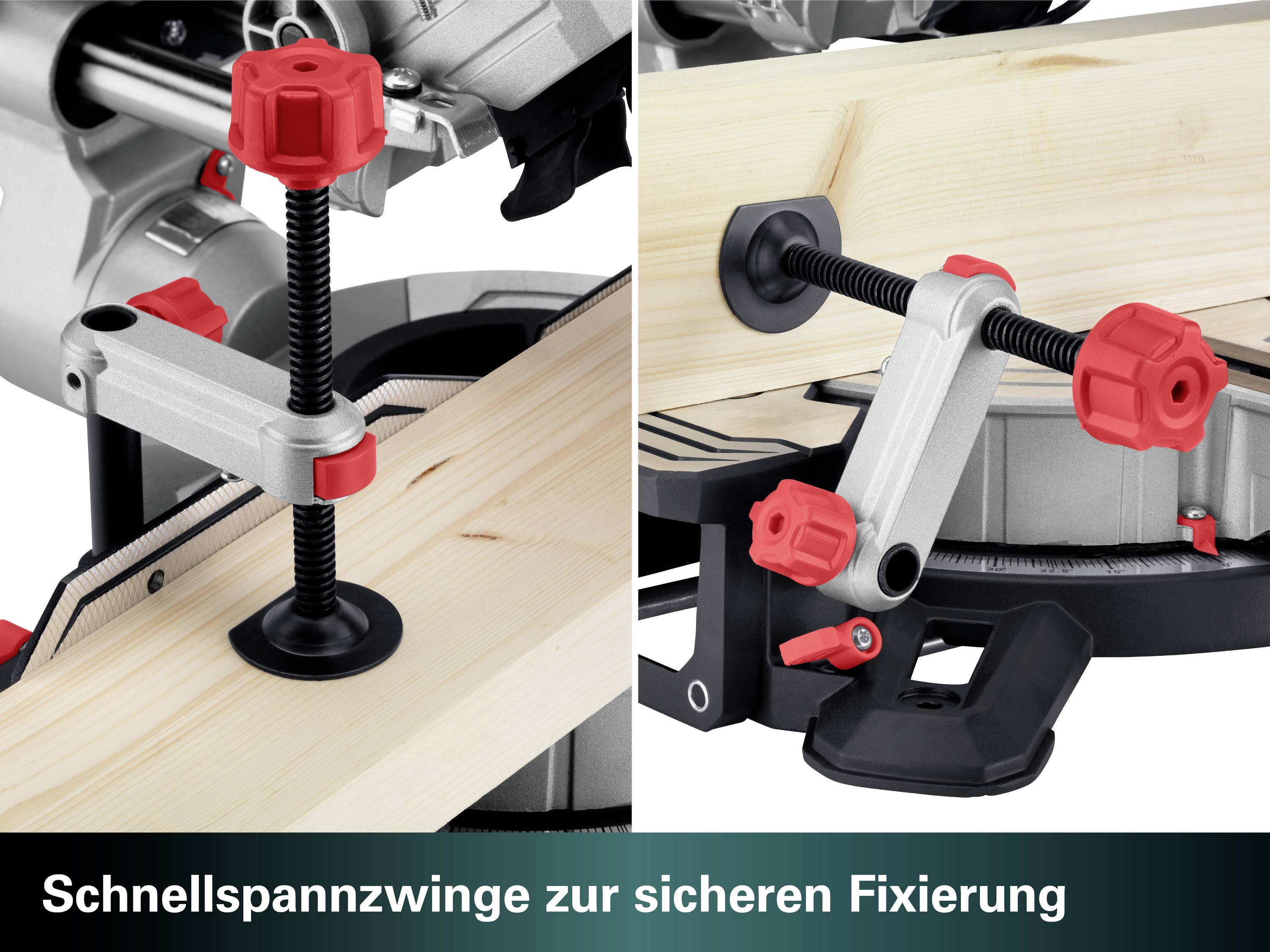 Eine Schnellspannzwinge befestigt ein Holzstück sicher auf einer Werkbank. Text unten: 'Schnellspannzwinge zur sicheren Fixierung'.