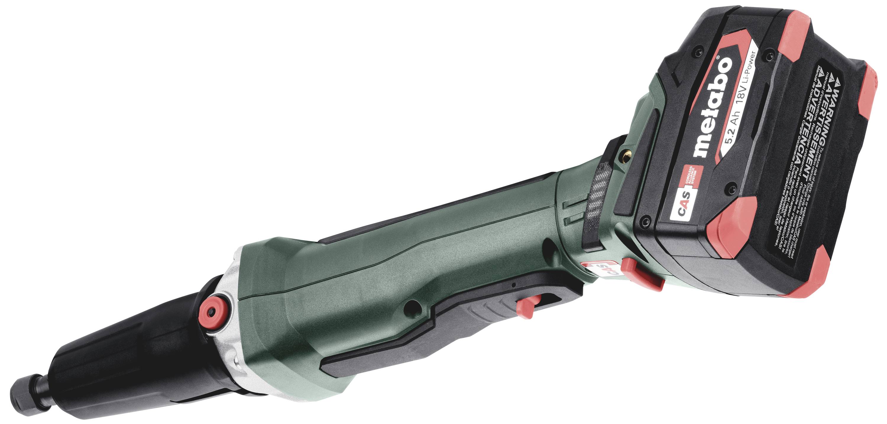 Ein grüner Akkuschleifer der Marke Metabo mit rotem und schwarzem Akku. Das Werkzeug ist seitlich abgebildet.