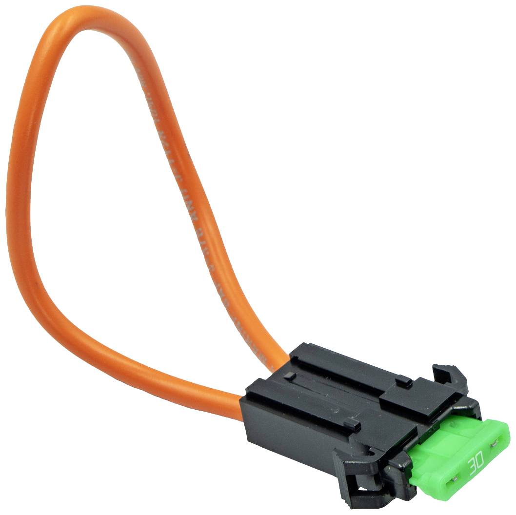 Ein orangefarbenes Kabel mit einem schwarzen Steckverbinder und grünem Einsatz, möglicherweise ein elektrisches Verbindungselement.