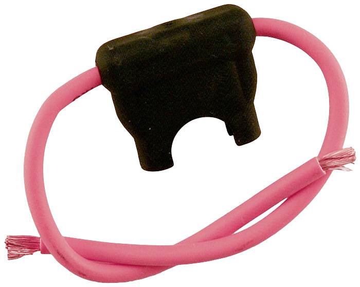 Ein schwarzer Verbinder mit rosa Drahtenden, möglicherweise Teil eines elektrischen Bauteils, auf weißem Hintergrund dargestellt.