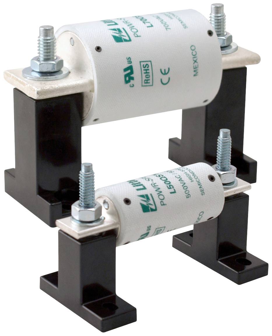 Ein modernes elektrisches Bauteil, bestehend aus zwei zylinderförmigen Stromsicherungen auf schwarzen Halterungen, gegen Überspannung.