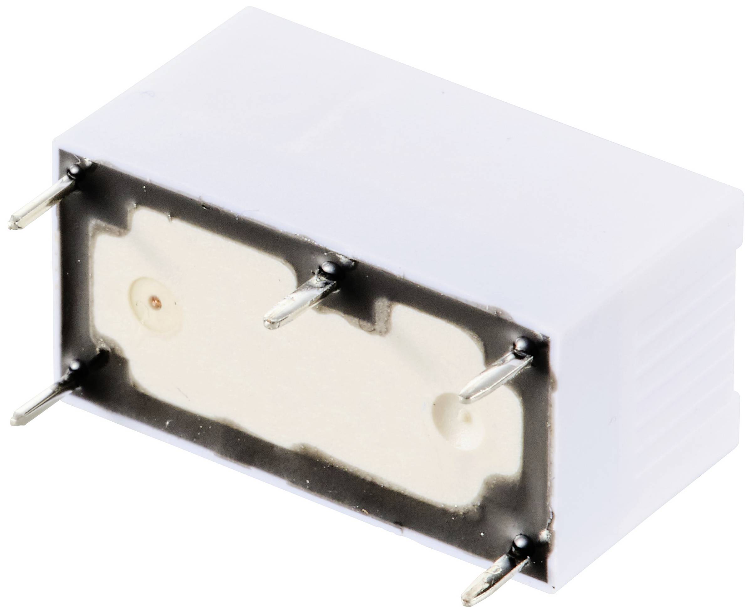 Ein weißes, rechteckiges elektronisches Bauteil mit vier hervorstehenden Metallanschlüssen an den Seiten.