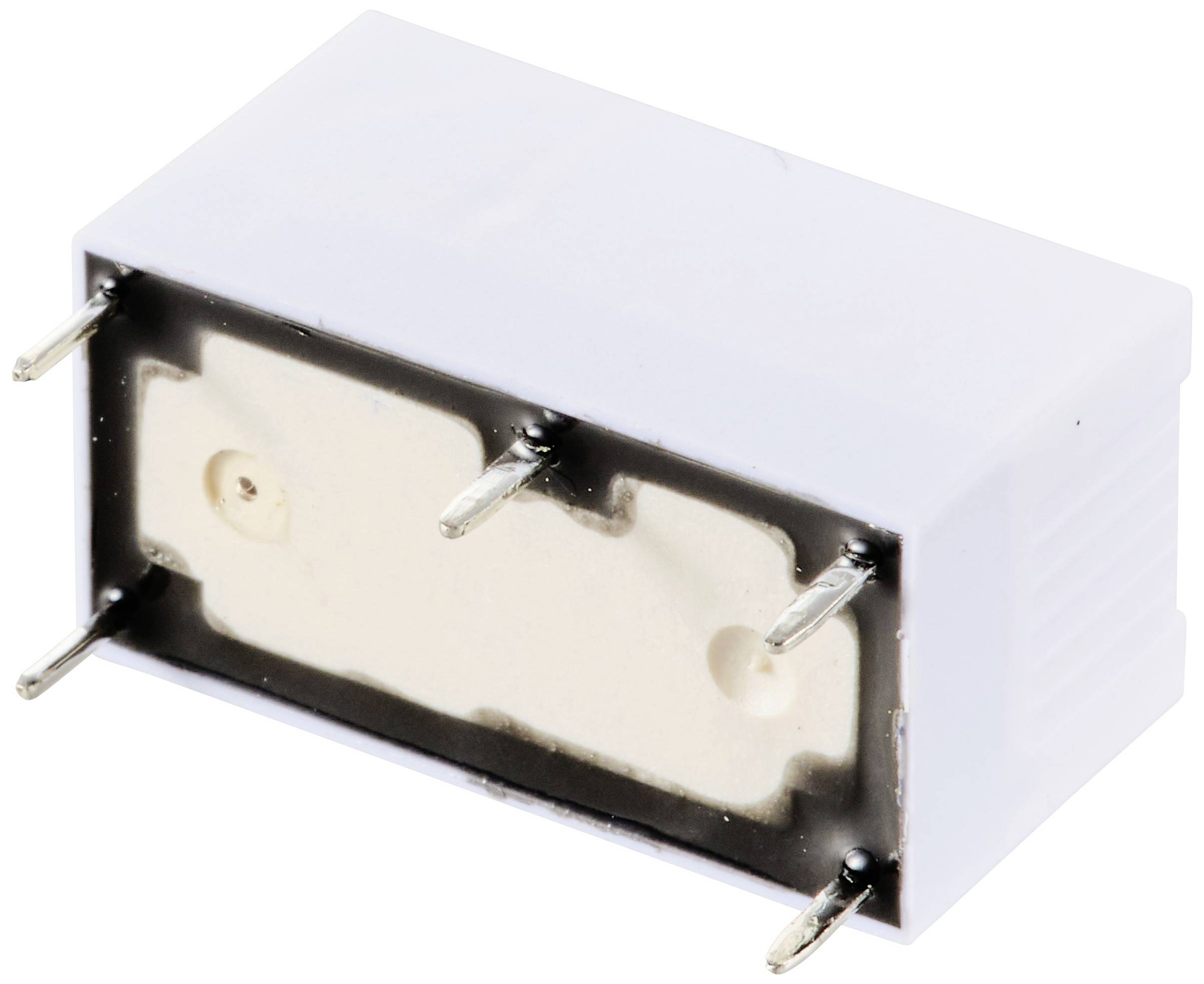 Ein weißes rechteckiges elektronisches Bauteil mit vier Metallstiften zur elektrischen Verbindung.