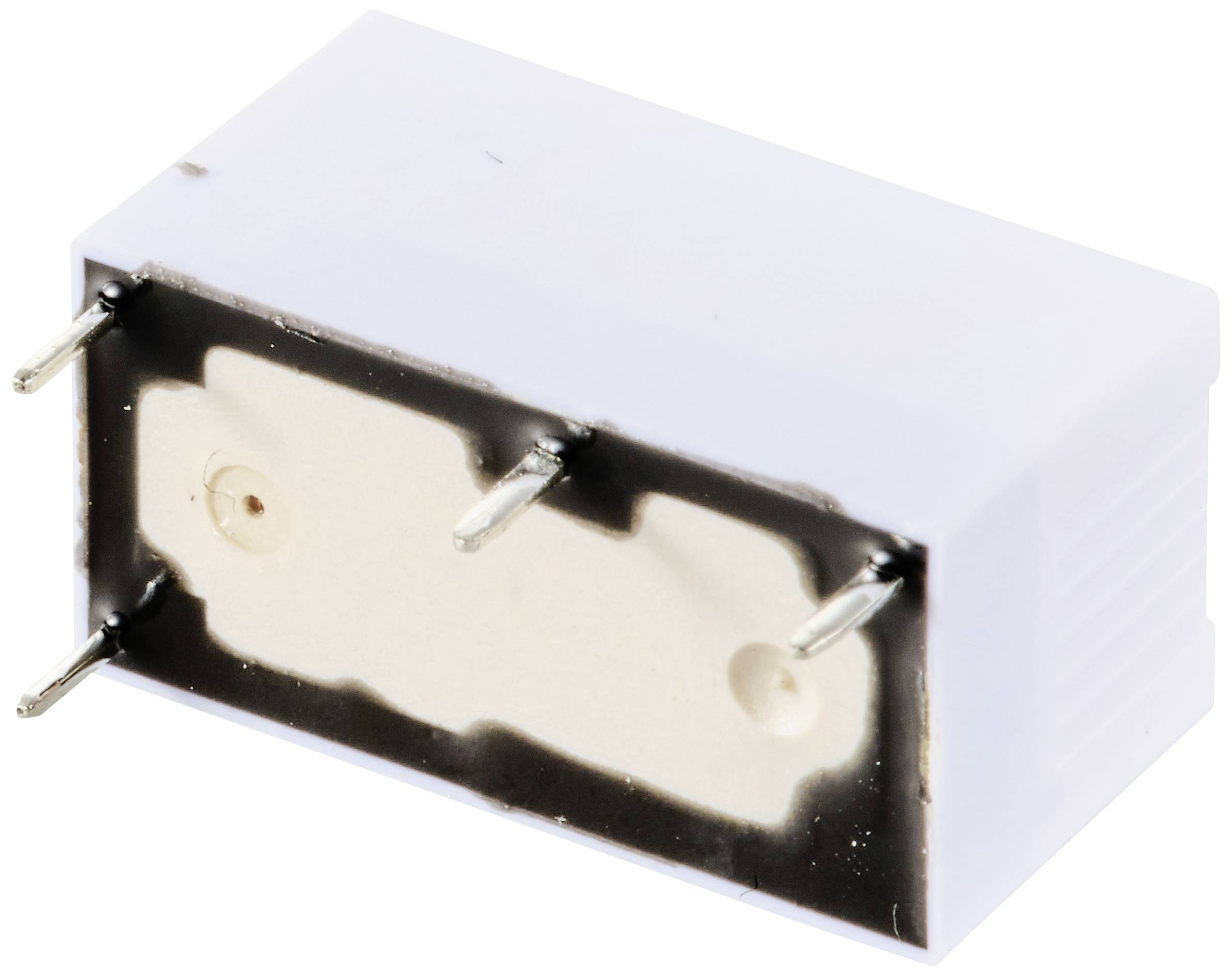 Ein weißes, rechteckiges Elektronikbauteil mit drei Metallstiften zur Montage, vermutlich ein Relais.