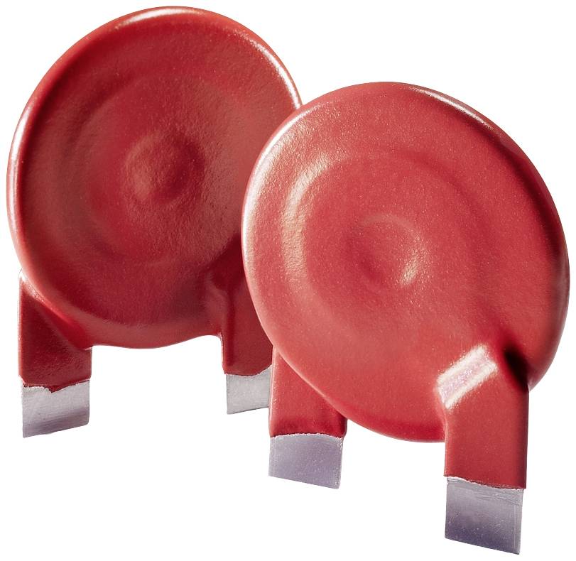 Zwei rote, runde elektronische Bauteile mit Metallanschlüssen an der Unterseite. Sie sind nebeneinander angeordnet.