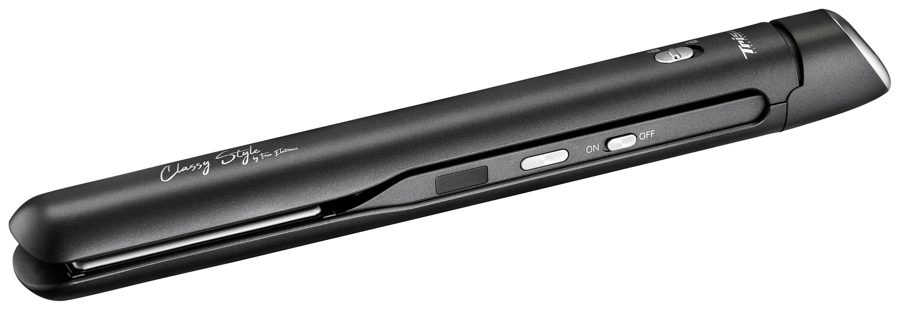 Ein schwarzes Glätteisen mit Bedientasten, gekennzeichnet mit 'Curl & Style', liegt auf einem transparenten Hintergrund.