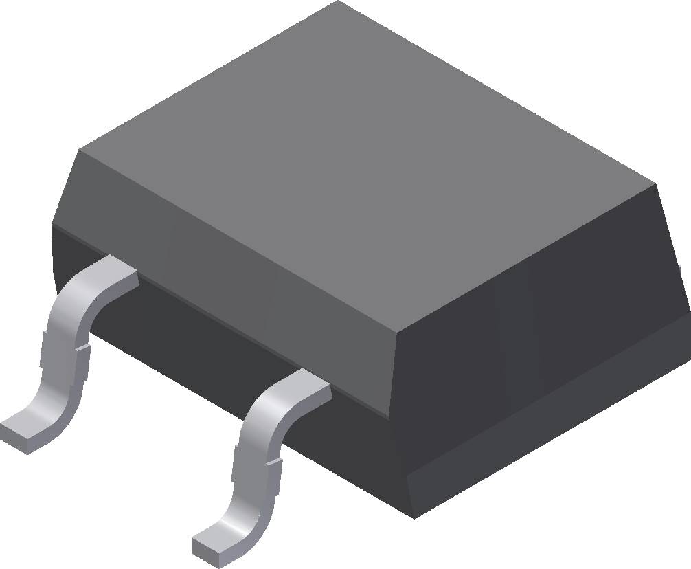 Graues, rechteckiges elektronisches Bauteil mit zwei gebogenen Metallanschlüssen, möglicherweise ein SMD-Widerstand oder Transistor.