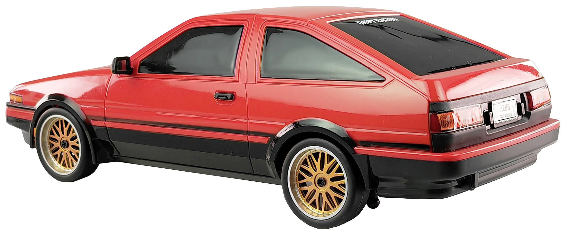 Rotes Modellauto eines klassischen Sportcoupés mit schwarzen Details und goldenen Felgen, seitliche Heckansicht.