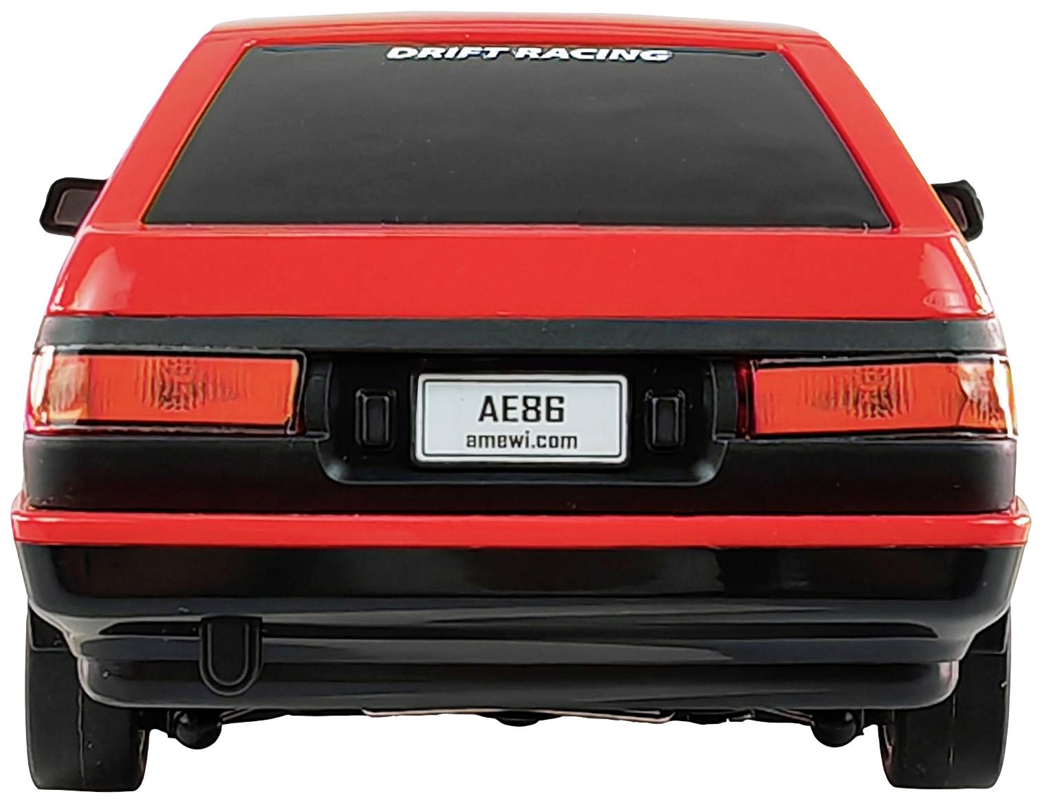 Roter Spielzeugauto-Modelle mit der Aufschrift 'DRIFT RACING' auf der Rückscheibe. Nummernschild zeigt 'AE86'. Ansicht von hinten.