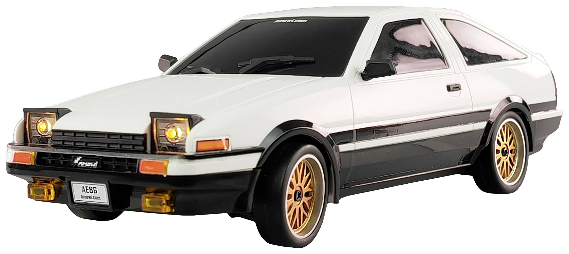 Ein weißes Sportauto-Modell mit orangefarbenen Felgen, hochgeklappten Scheinwerfern und getönten Fenstern, im Profil dargestellt.