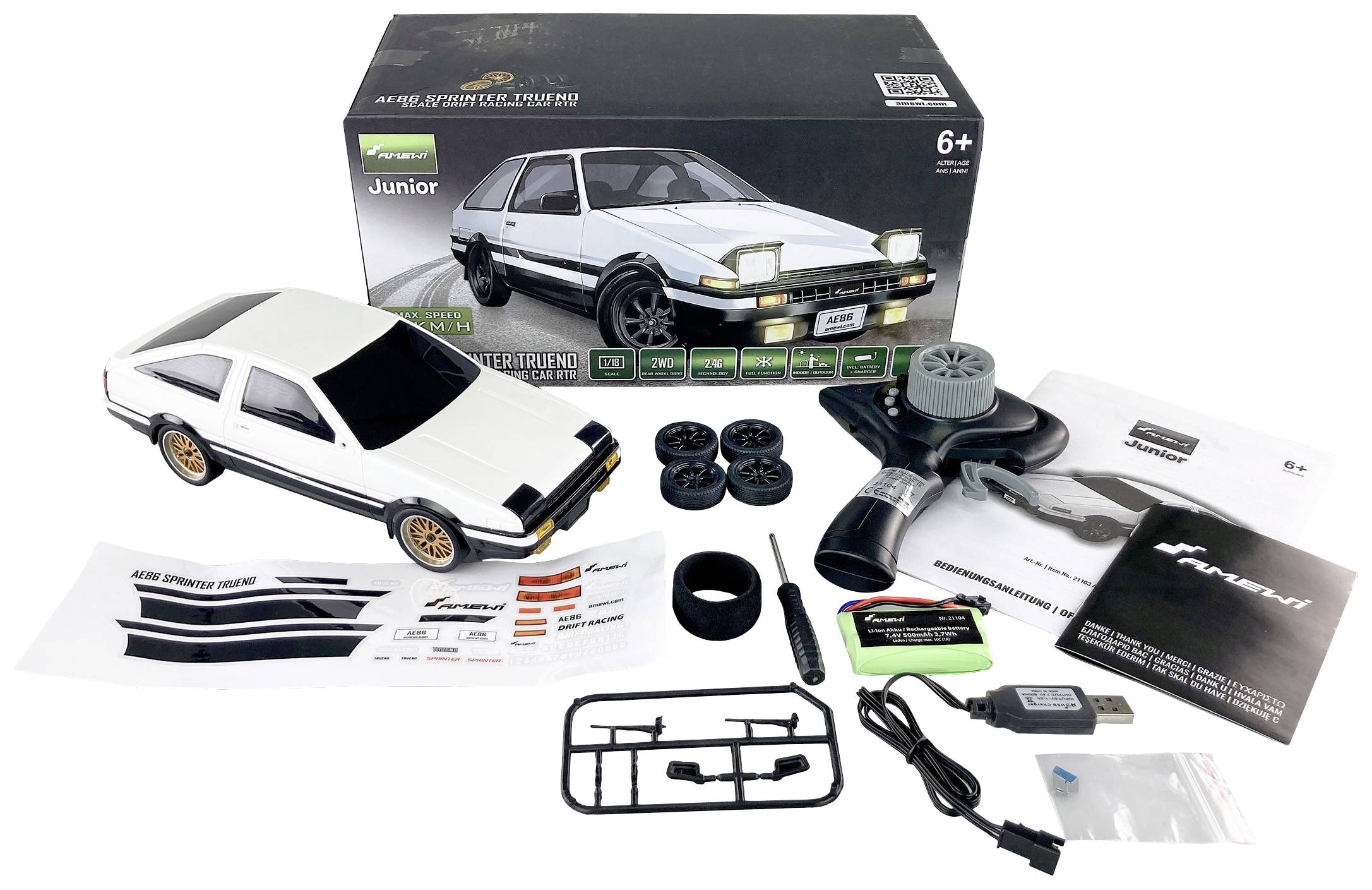 Fahrzeugmodell-Bausatz eines weißen Sportwagens mit Bauteilen, Anleitung und Verpackung für Kinder ab 6 Jahren.