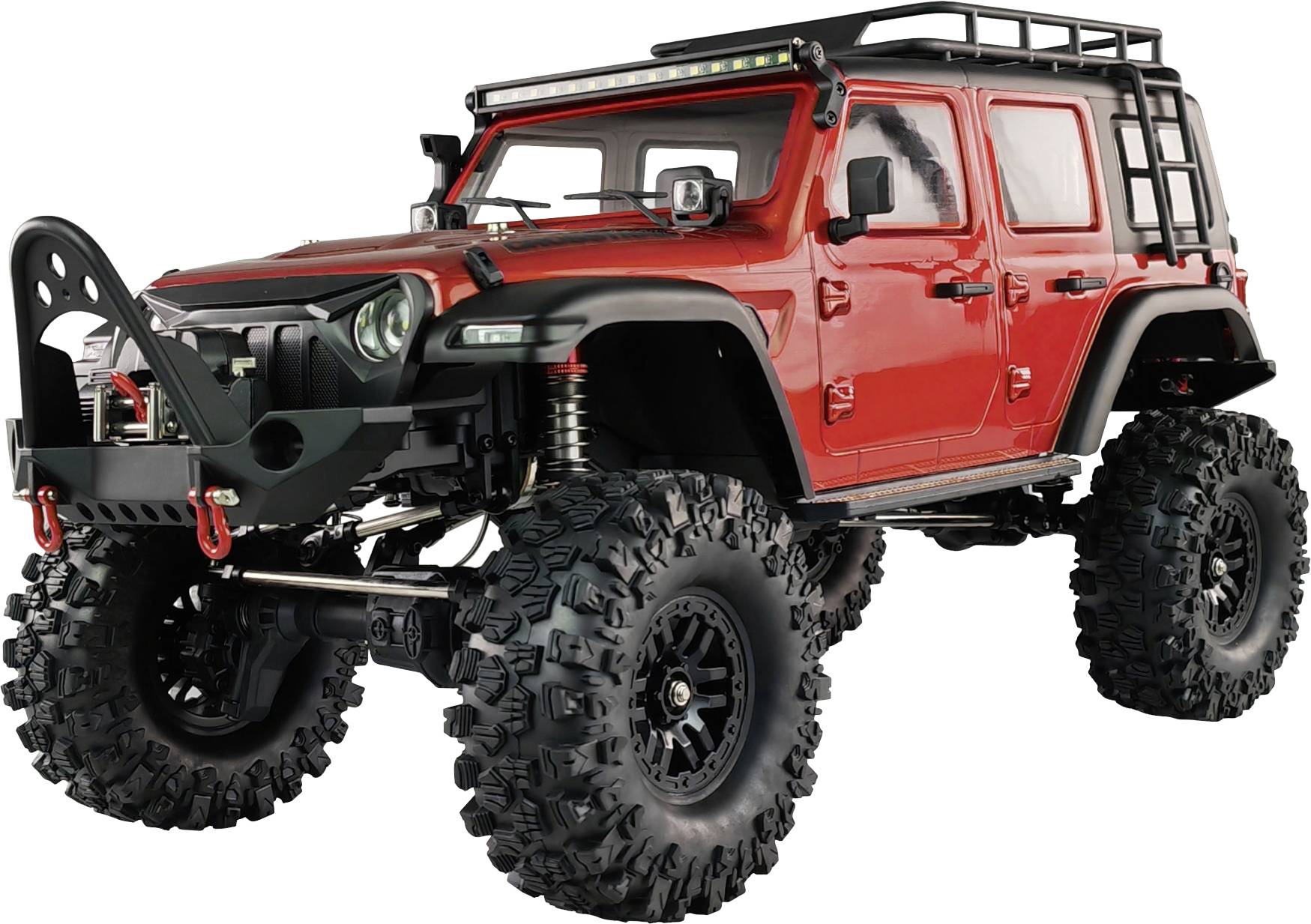 Ein roter, modifizierter Geländewagen mit großen Offroad-Reifen und einem robusten Dachgepäckträger, fahrbereit für schwieriges Terrain.