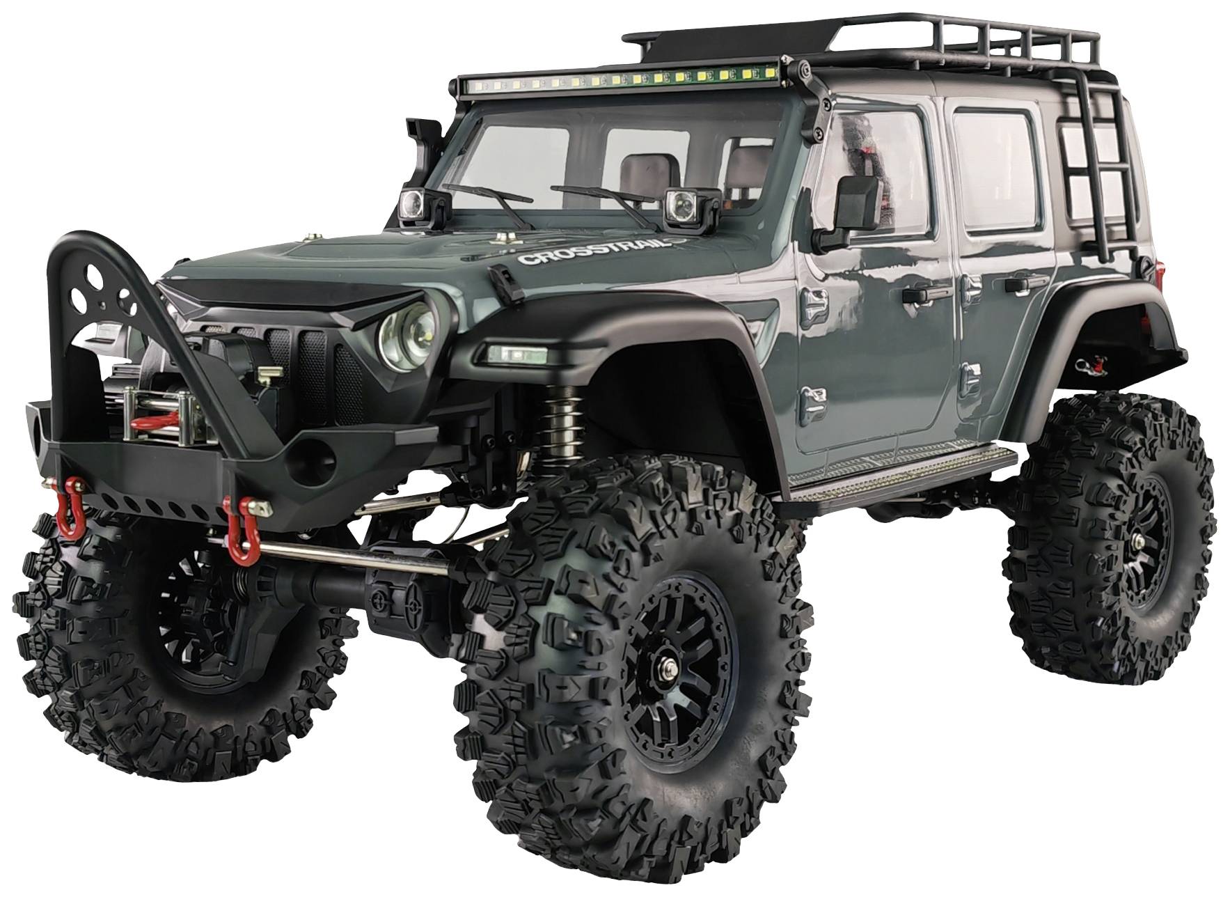 Geländewagen mit großen, grobstolligen Reifen, Überrollkäfig und Schutzstoßstange, geeignet für Offroad-Abenteuer.