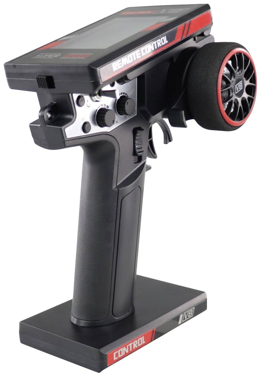 Fernsteuerung mit digitalem Display und Rad-Steuerung für RC-Fahrzeuge. Ergonomisches Design mit Knöpfen und Schaltern zur Feinabstimmung.