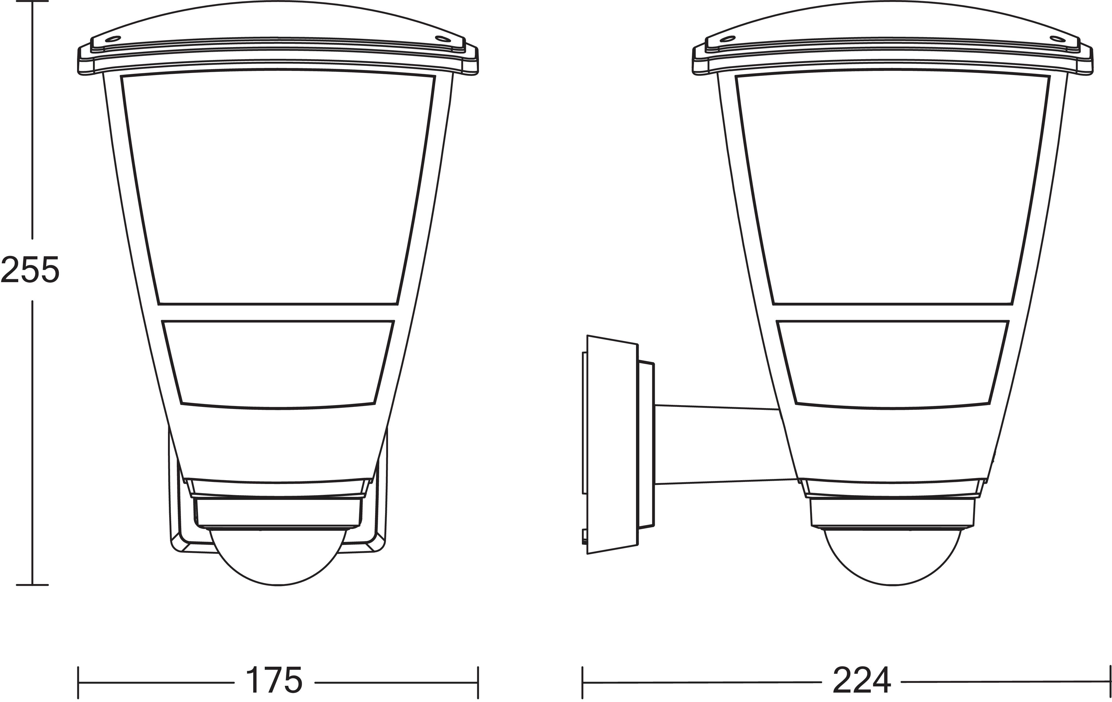 Technische Zeichnung einer Außenleuchte: Vorder- und Seitenansicht mit Abmessungen. Höhe: 255 mm, Breite: 175 mm, Tiefe: 224 mm.