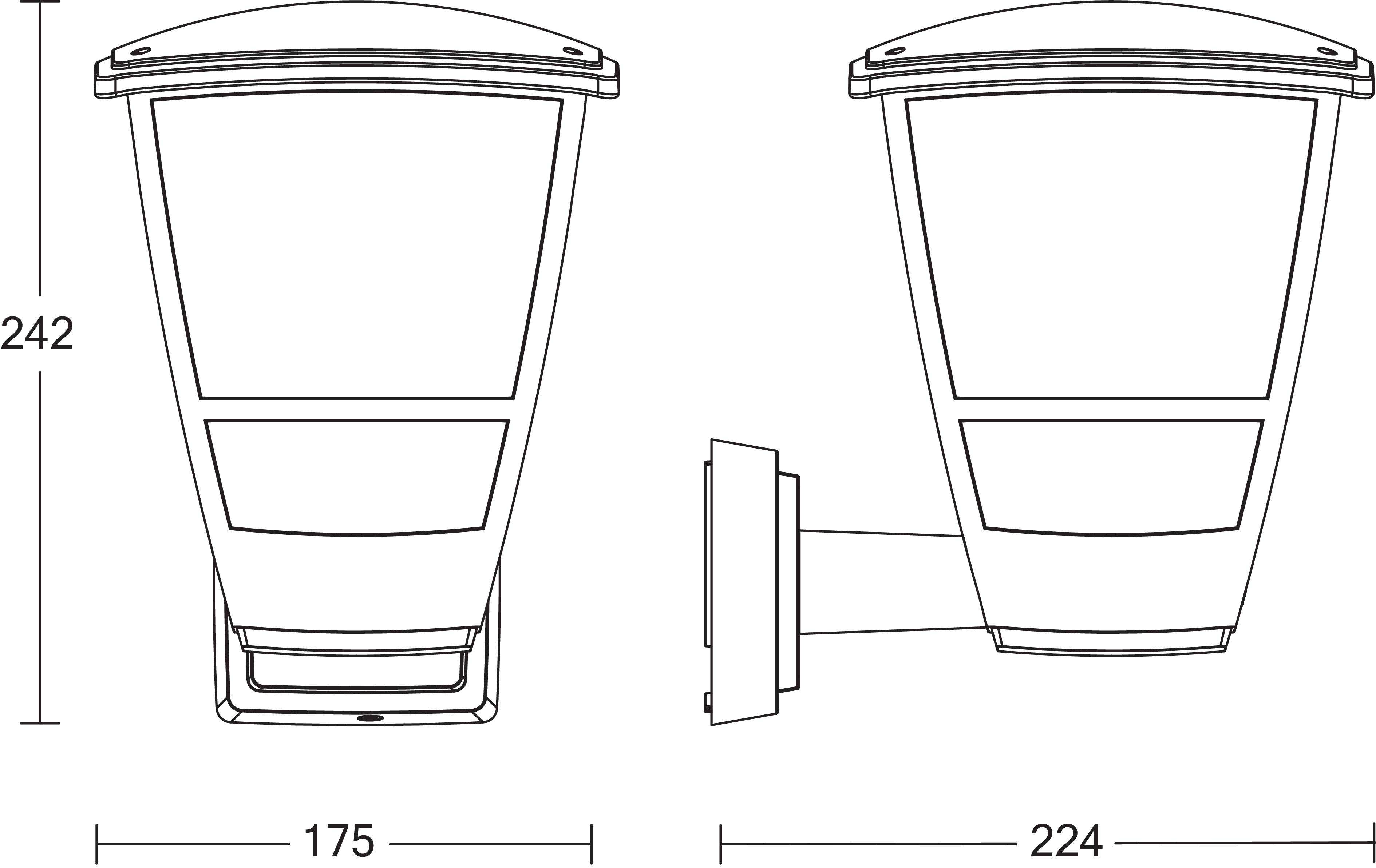 Wandleuchte Technische Zeichnung: zeigt Design, Maße 242 mm hoch, 175 mm breit; Seitenansicht mit Wandhalterung, Breite 224 mm.
