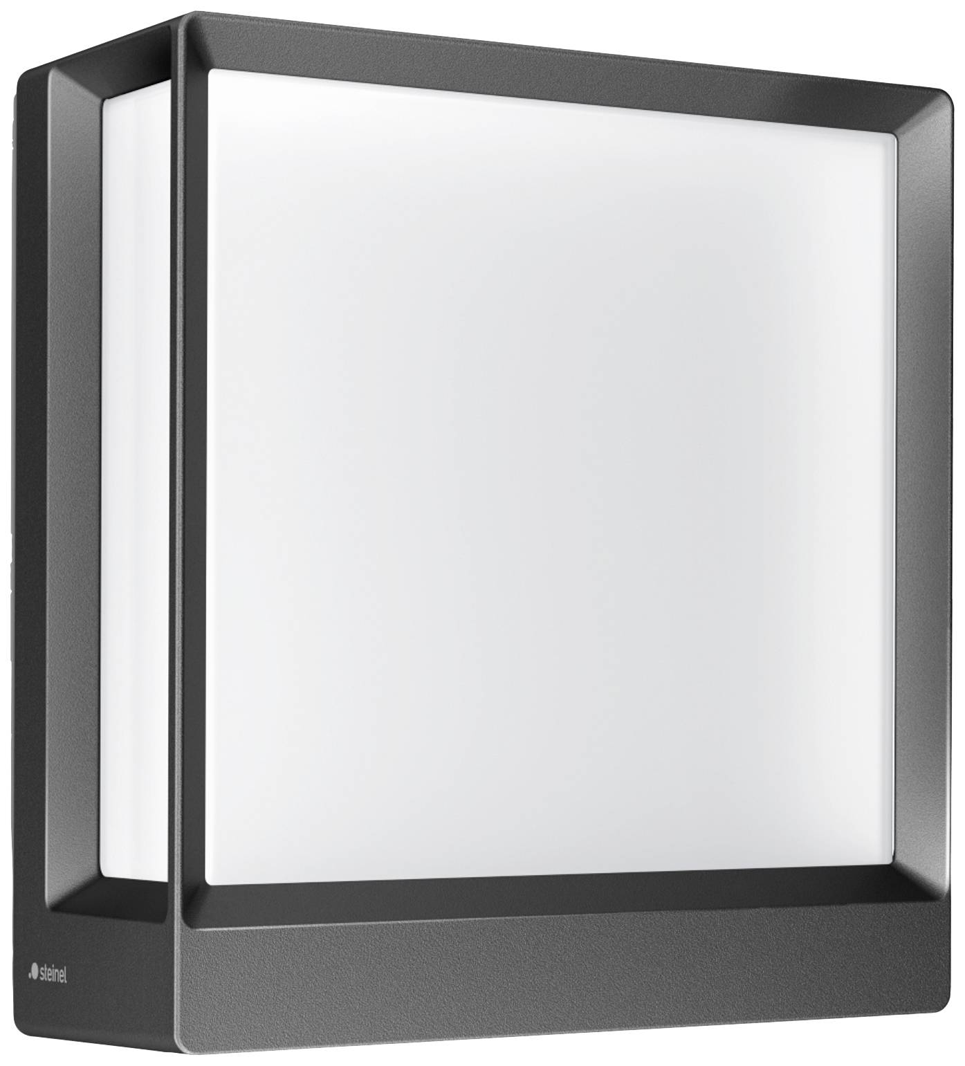 Schwarze, rechteckige LED-Außenleuchte mit diffuser Lichtabdeckung. Geeignet für moderne Fassadenbeleuchtung.