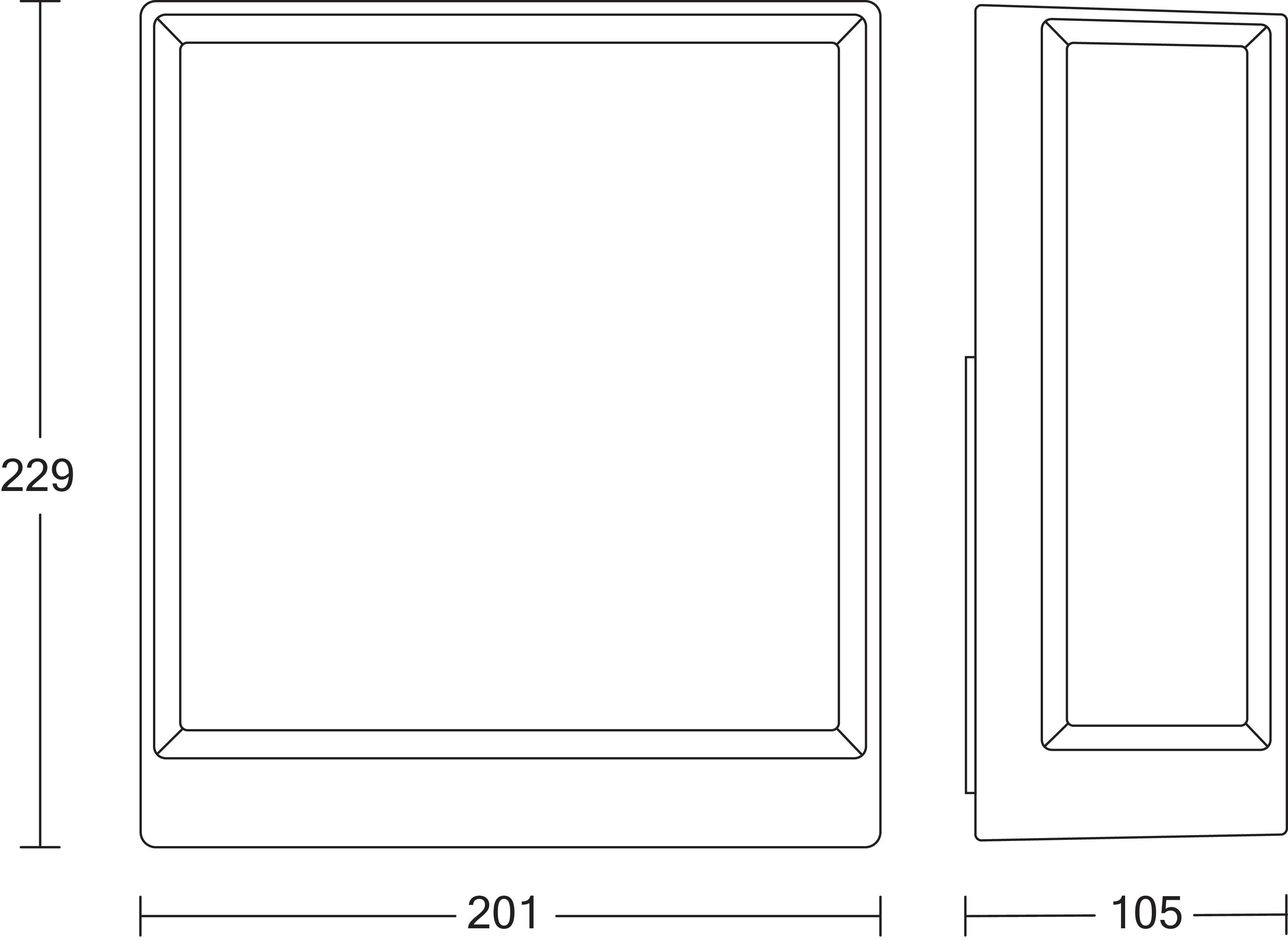 Technische Zeichnung eines rechteckigen Objekts mit Maßen: Höhe 229 mm, Breite 201 mm, Tiefe 105 mm.