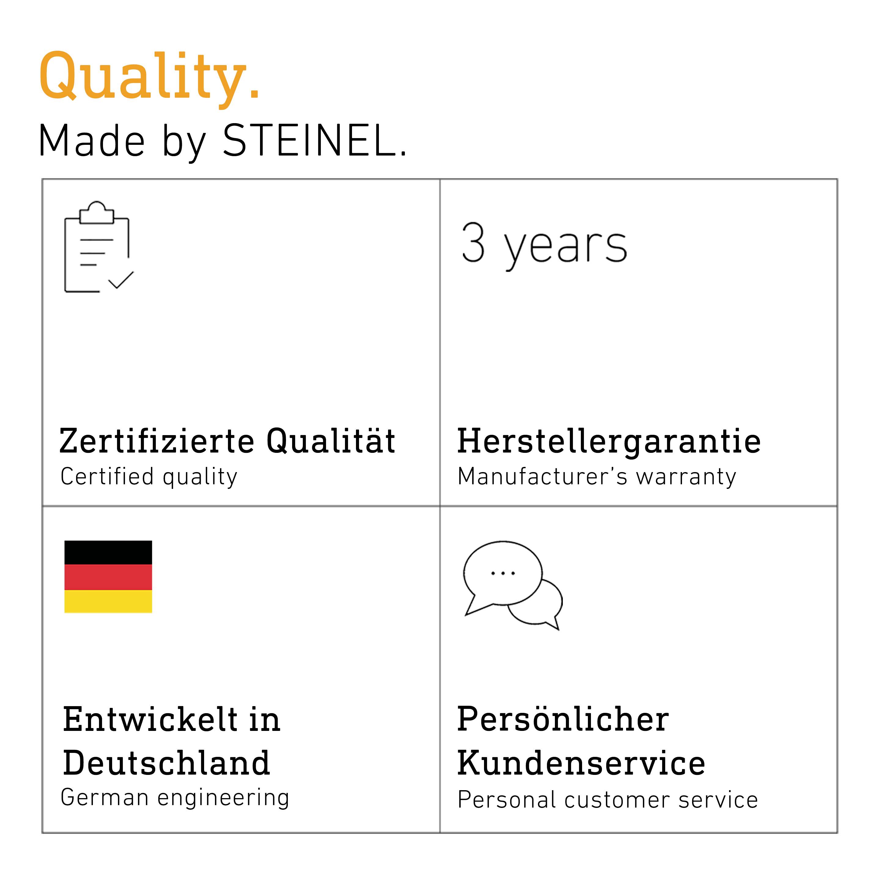 'Quality. Made by STEINEL.' Zertifizierte Qualität, Herstellergarantie 3 Jahre, Entwickelt in Deutschland, Persönlicher Kundenservice.