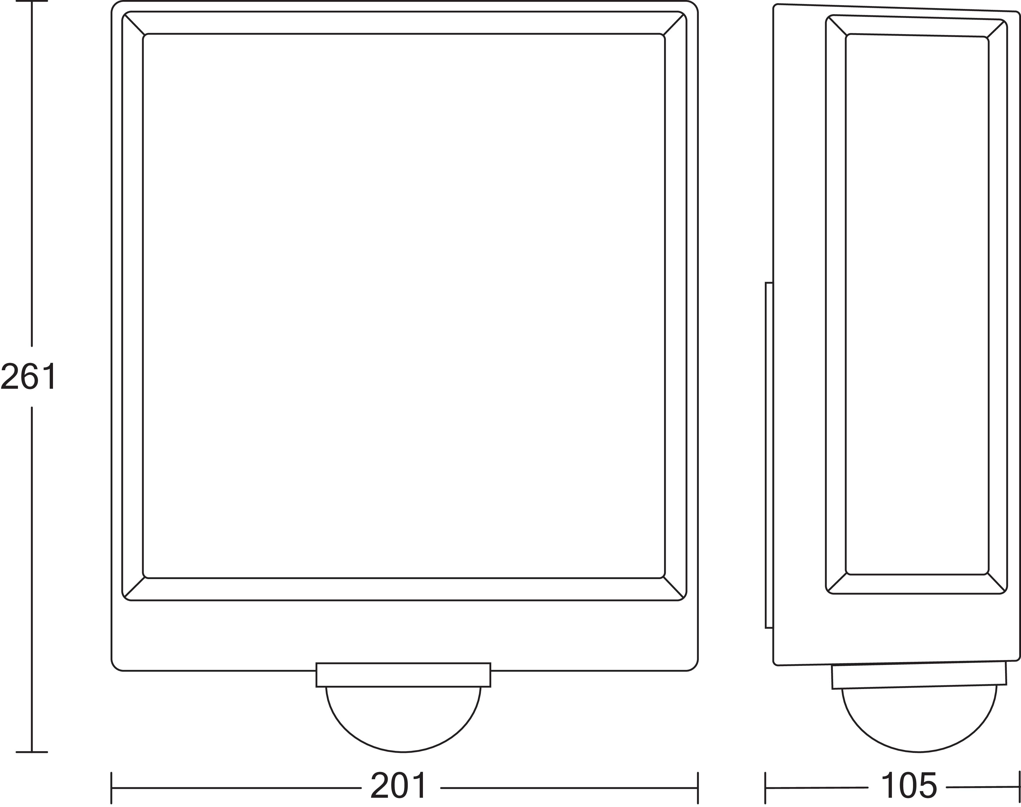 Diagramm eines quadratischen Sensors mit Maßen: Höhe 261 mm, Breite 201 mm, Tiefe 105 mm. Zeigt Vorder- und Seitenansicht.