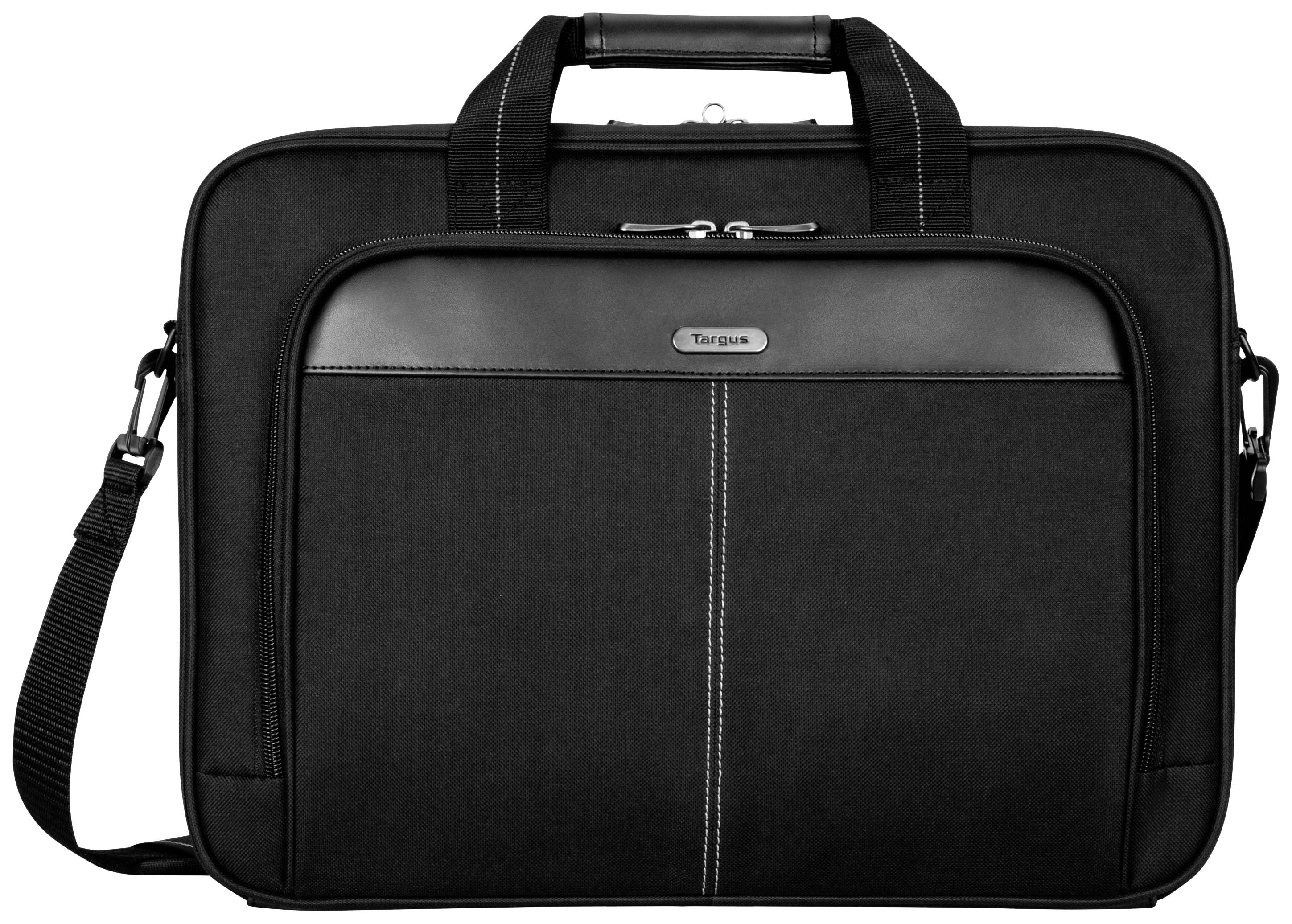 Eine schwarze Aktentasche mit Tragegriff und Schulterriemen liegt auf einem weißen Hintergrund. Die Tasche hat eine große Vordertasche.