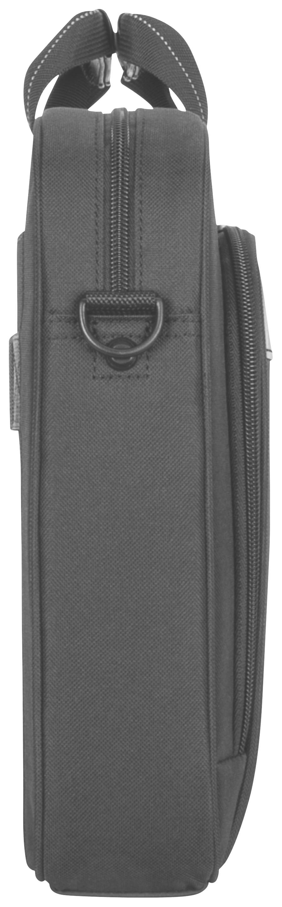 Eine schwarze Stofftasche mit Reißverschluss und einem metallenen D-Ring an der Seite. Sie hat zwei Tragegriffe oben.