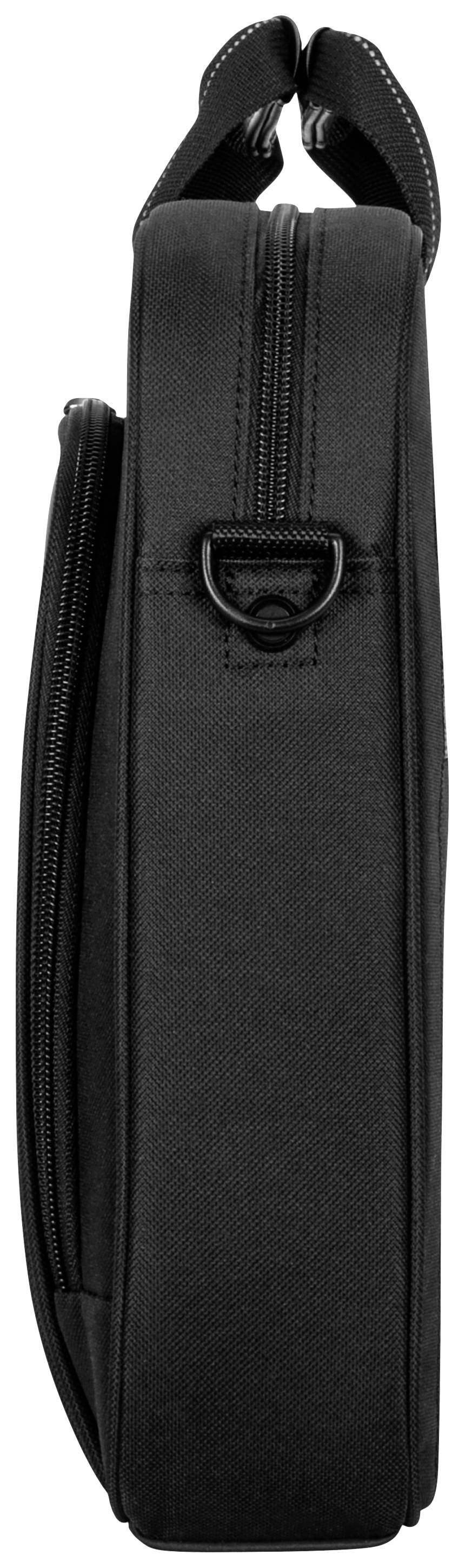 Schwarze Seitentasche mit Reißverschluss und D-Ring, geeignet für Laptops und Notebooks.