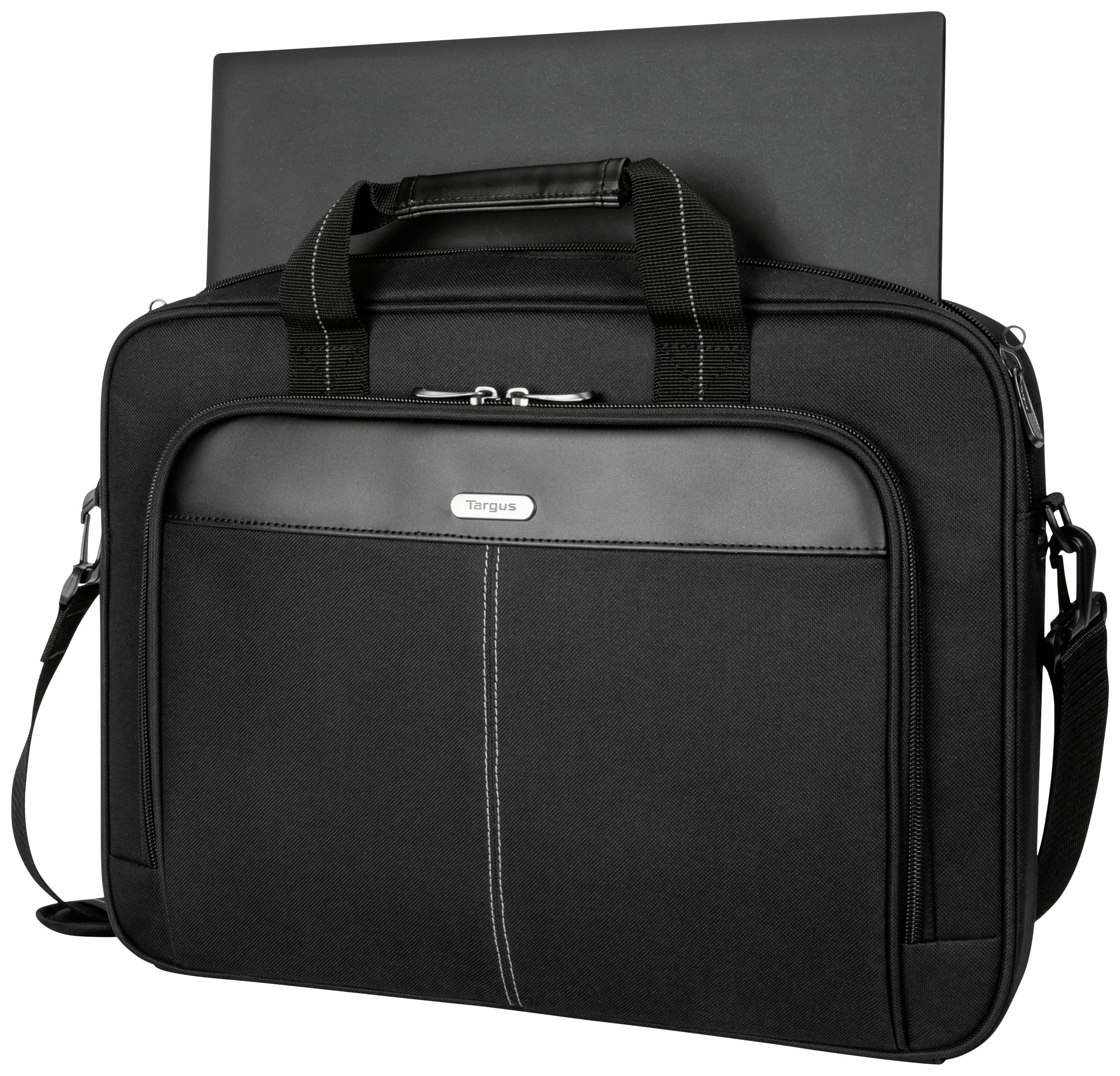 Eine schwarze Laptoptasche mit Laptop, die Reißverschlussfächer, Tragegriffe und einen Schultergurt zeigt. Ideal für den sicheren Laptop-Transport.