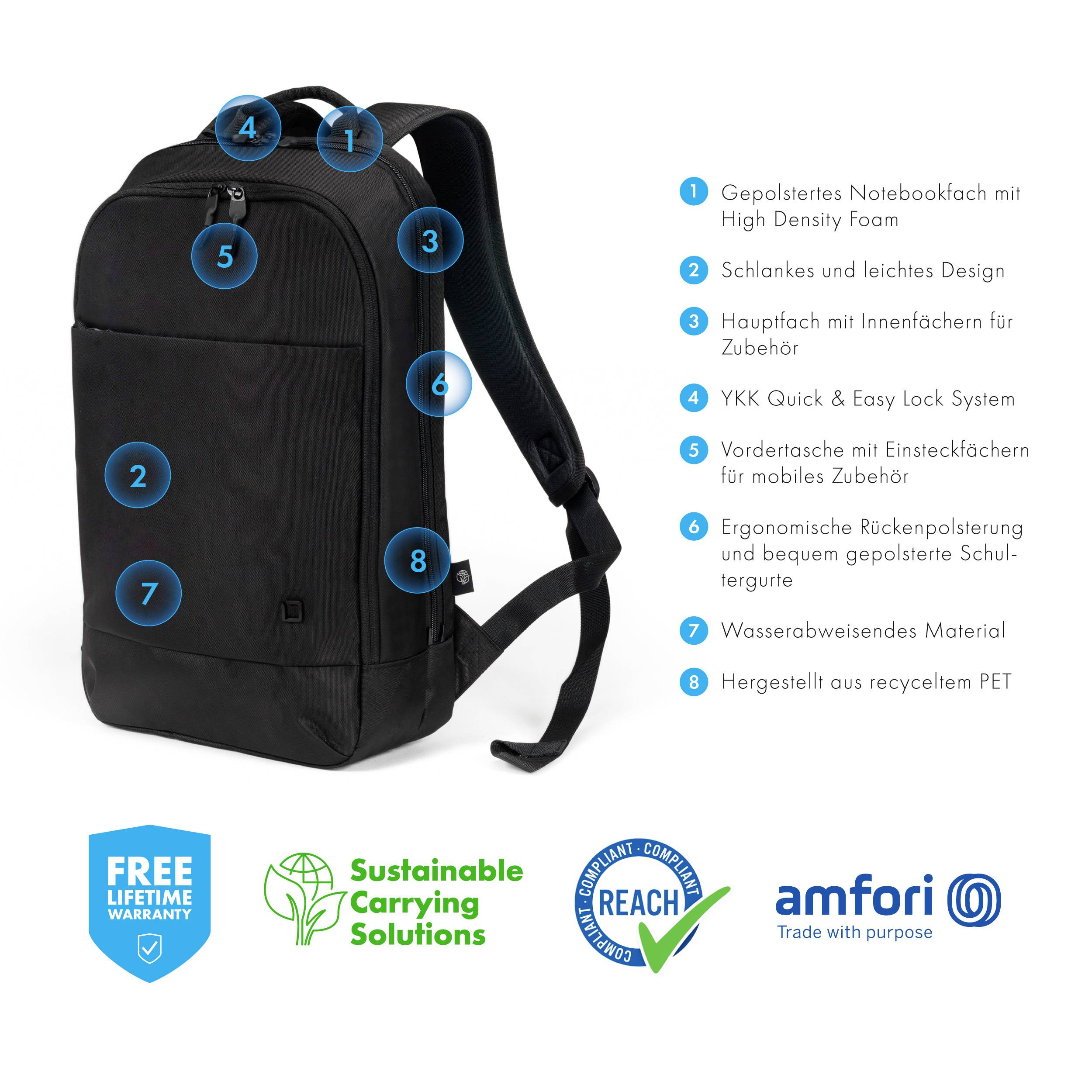 Ein schwarzer Rucksack mit blauen Markierungen zeigt folgende Merkmale: gepolstertes Laptopfach, leichtes Design, Quick & Easy Lock, wasserabweisend und aus recyceltem PET hergestellt.
