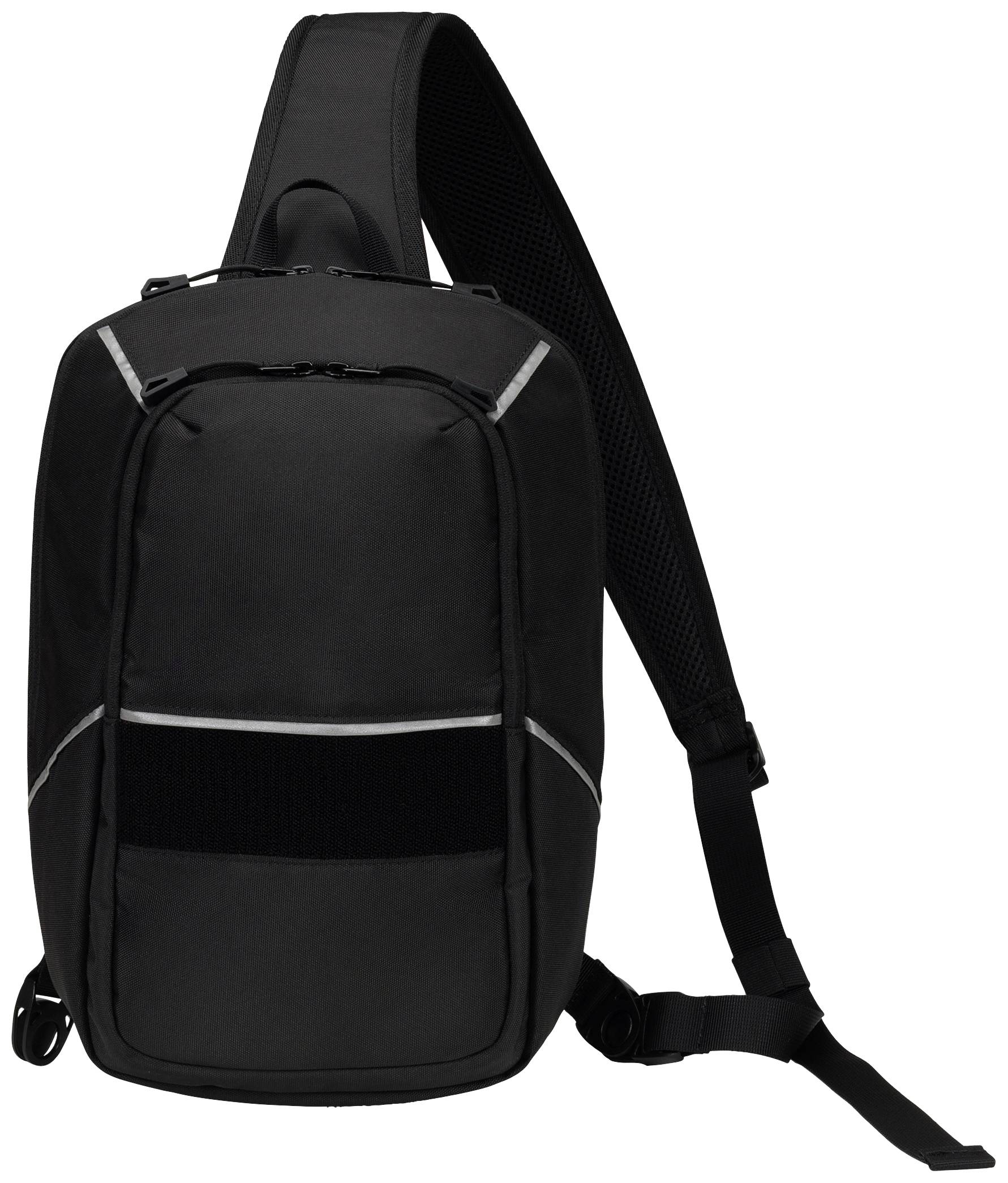 Schwarzer, einriemiger Rucksack mit mehreren Reißverschlüssen und reflektierenden Streifen, ideal für den Alltag oder Reisen.