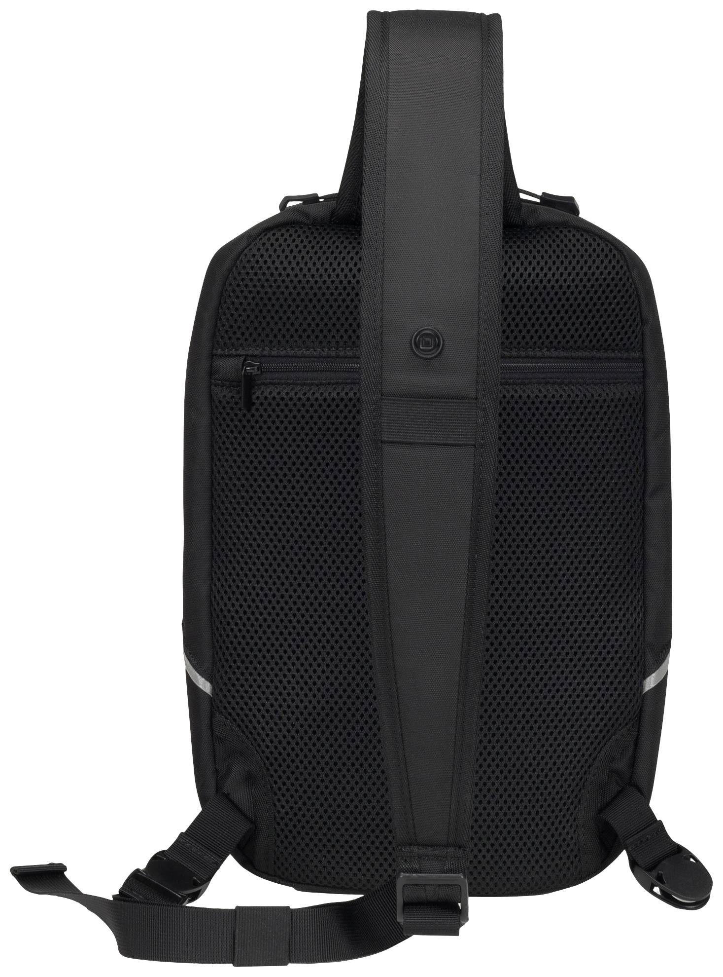 Schwarzer, einriemiger Rucksack von hinten, zeigt gepolsterte Rückseite und verstellbarem Riemen für komfortables Tragen.