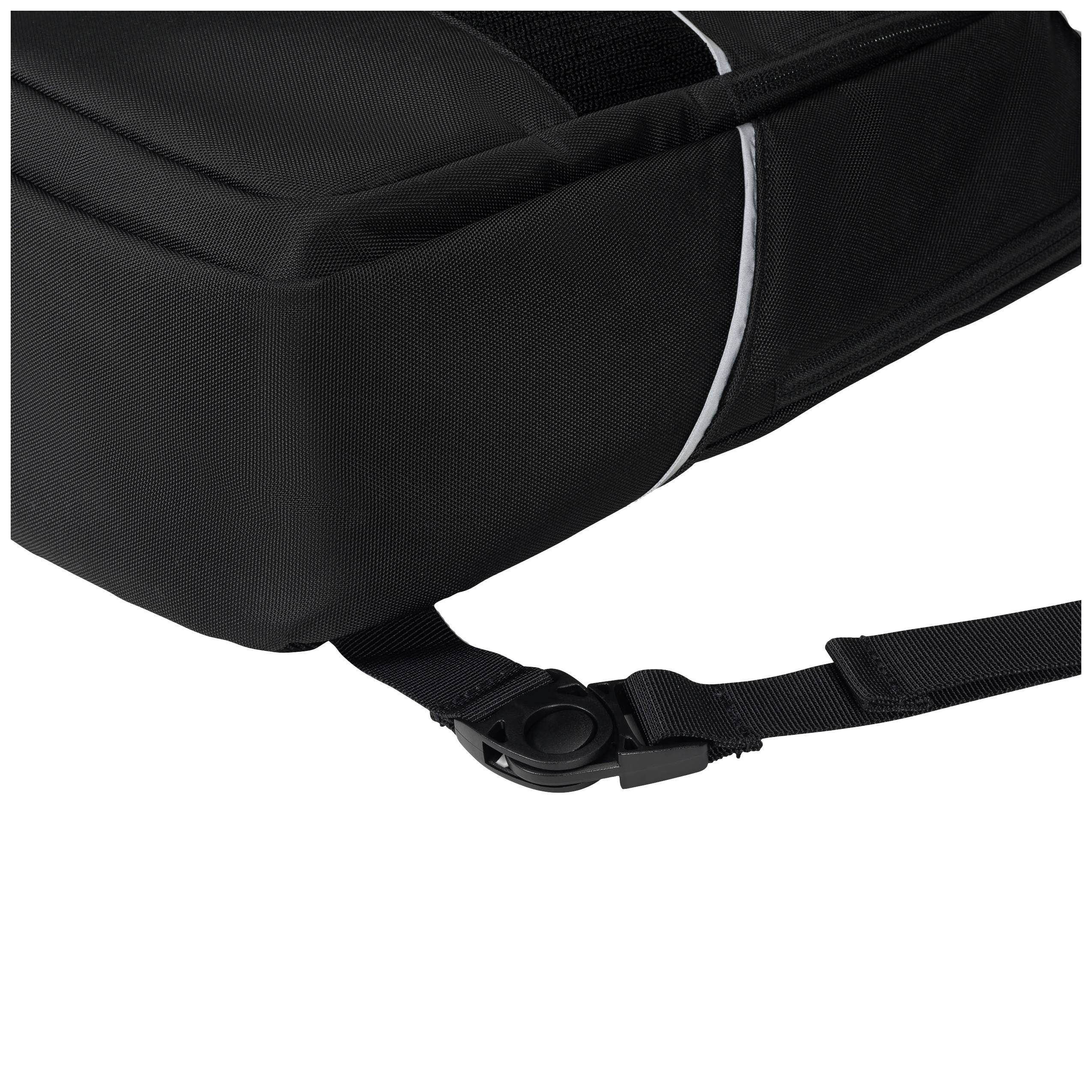 Schwarzer Rucksack mit seitlichem Riemen und Schnalle, detaillierte Nahaufnahme der Tasche.