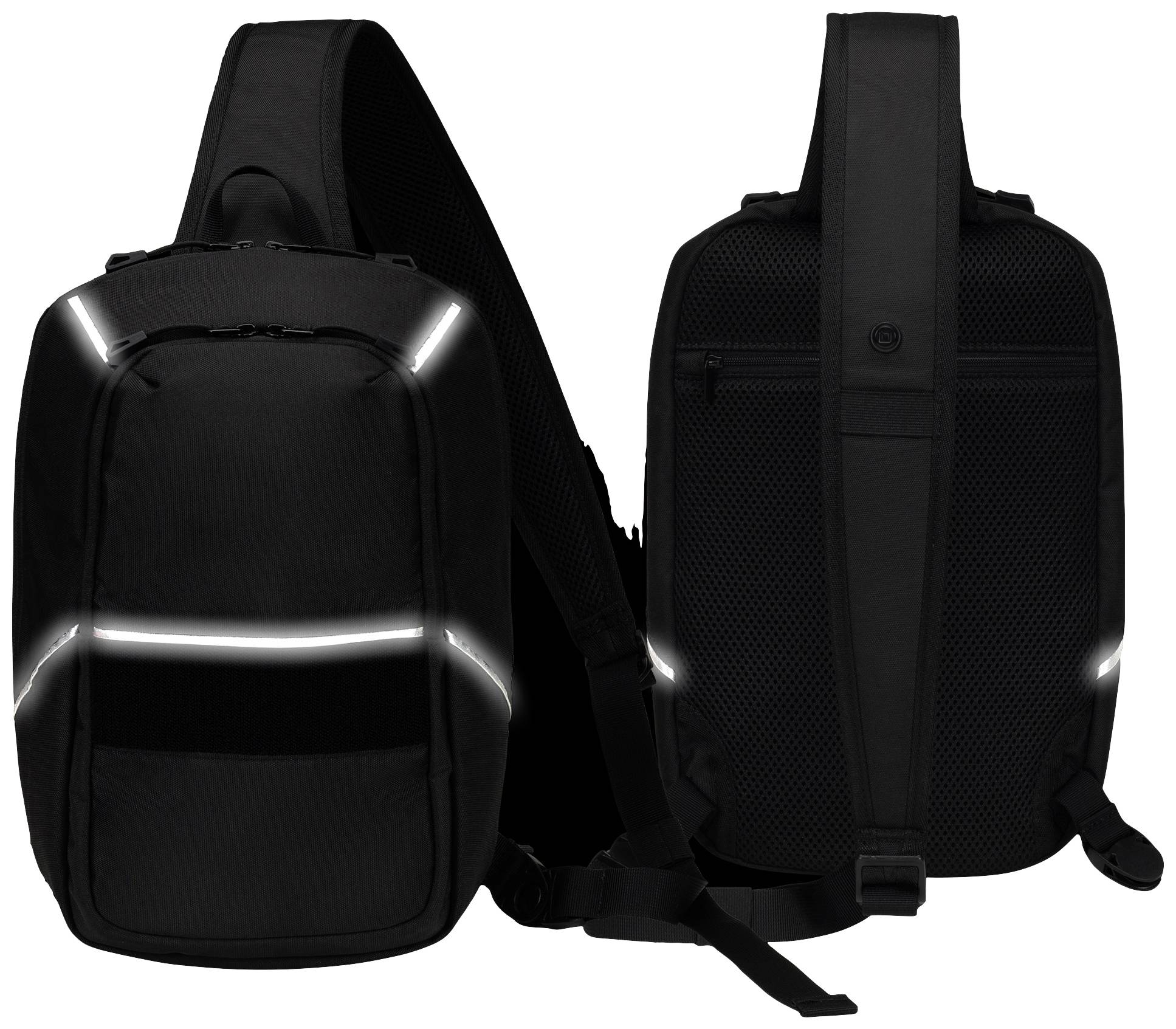 Zwei schwarze Rucksäcke mit reflektierenden Streifen für erhöhte Sichtbarkeit. Vorder- und Rückansicht, ergonomische Trageriemen.
