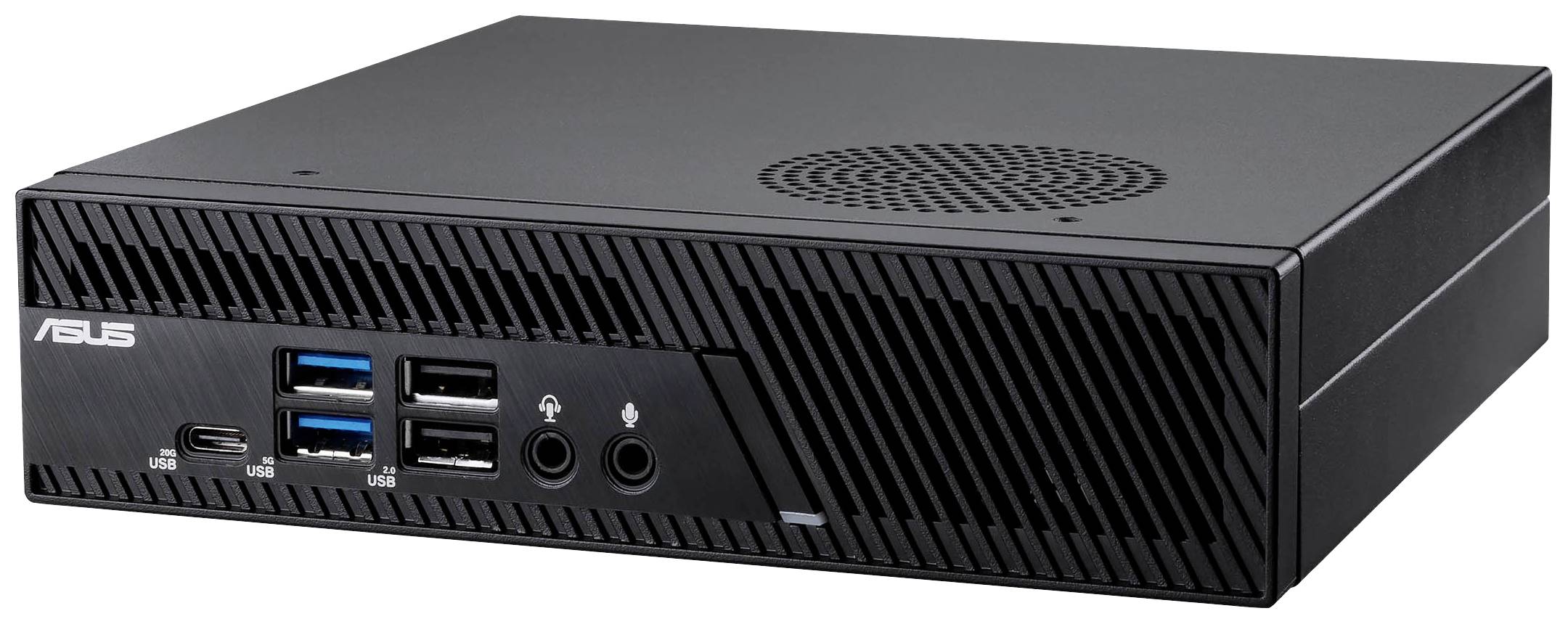 Ein kompakter schwarzer Computer mit mehreren USB-Anschlüssen, Audioanschlüssen und einem Lüftungsgitter auf der Oberseite.