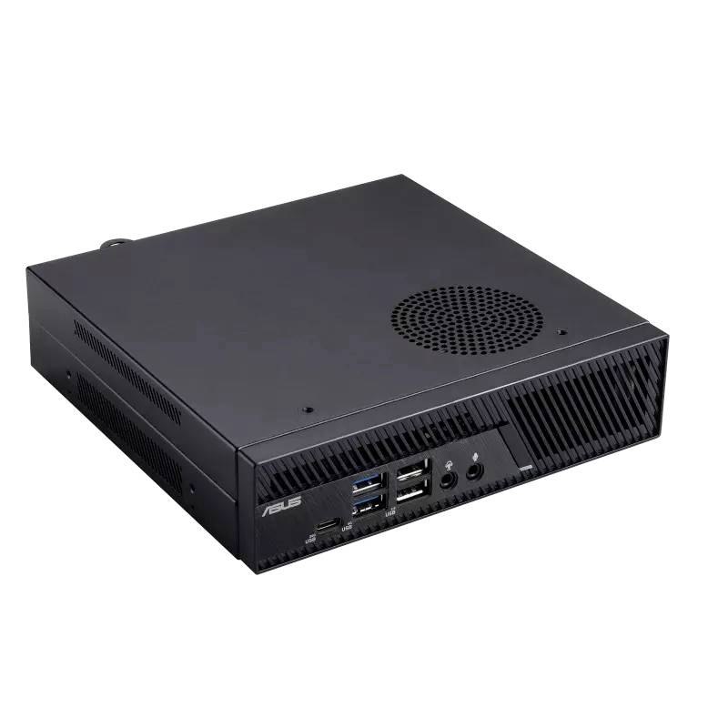 Ein schwarzer Mini-PC mit Lüfter auf der Oberseite. Vorne befinden sich Anschlüsse: USB-Ports, ein Audiostecker und ein Ein-/Ausschalter.