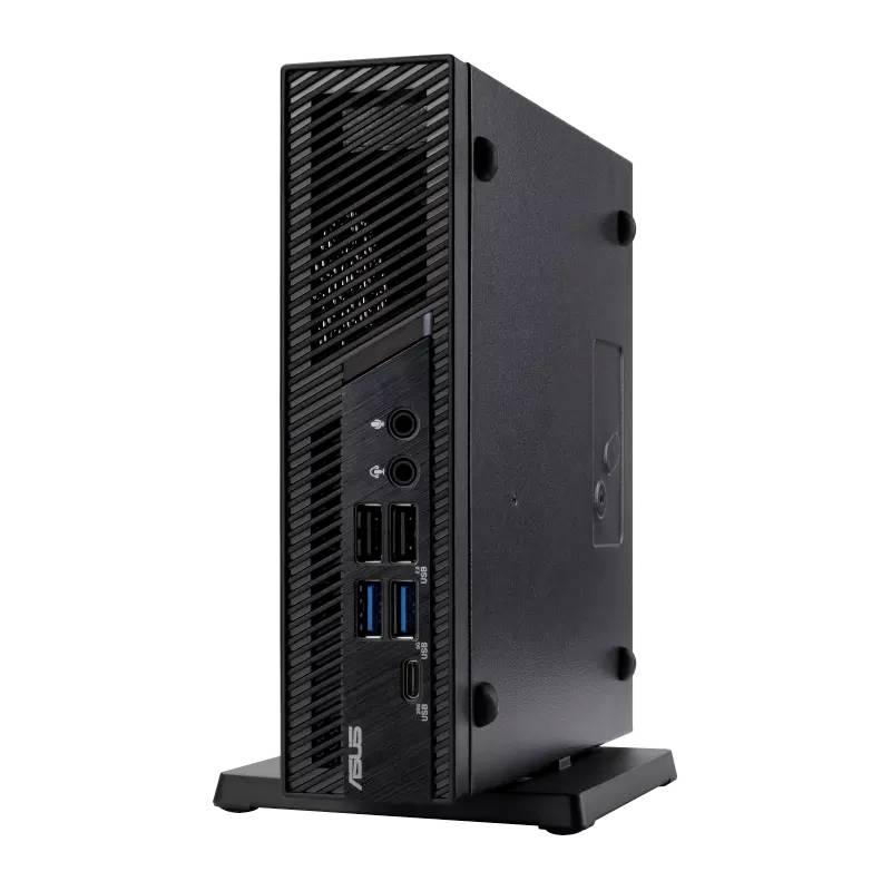 Ein schwarzer, vertikal stehender Mini-PC mit mehreren USB-Anschlüssen und Audioanschlüssen auf der Vorderseite.