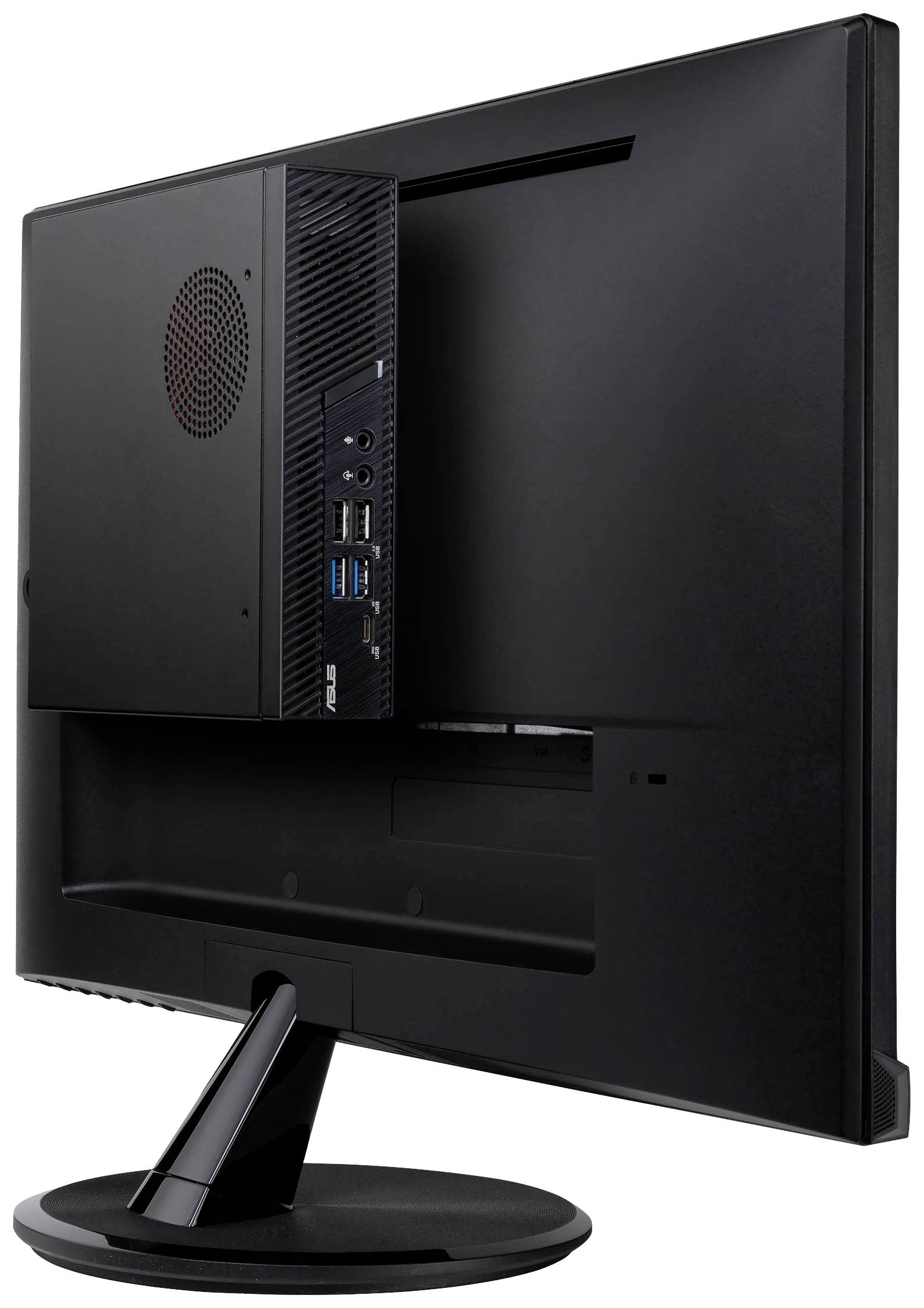 Rückansicht eines schwarzen Monitors mit eingebautem Mini-PC, zeigt Anschlüsse und Lüftungsschlitze; der Monitor steht auf einem Standfuß.