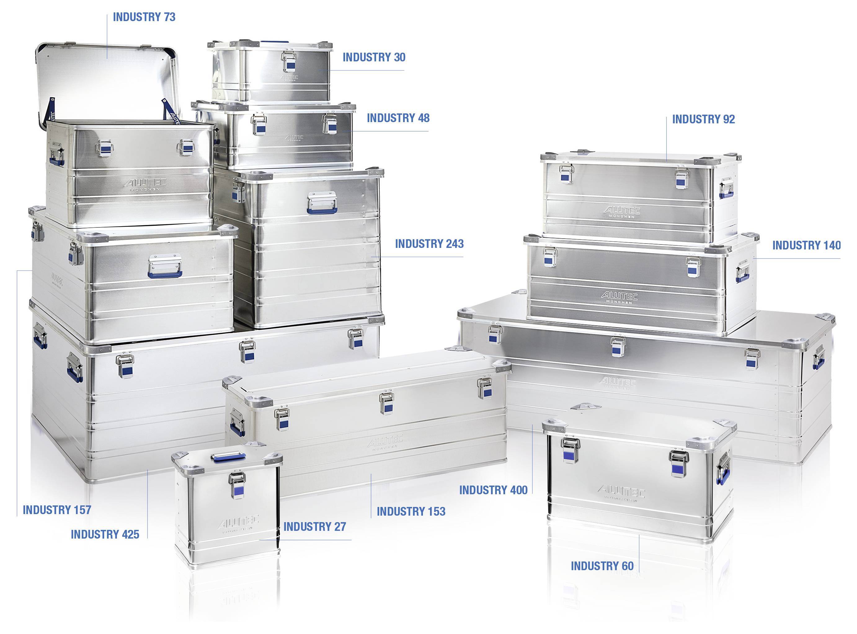 'Aluminium-Lagerkästen in verschiedenen Größen, jeder mit 