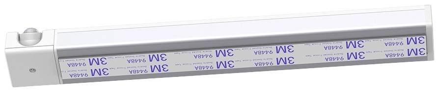 Längliche LED-Leuchte mit Sensor, an der Unterseite mit 3M-Klebestreifen zur einfachen Befestigung versehen.