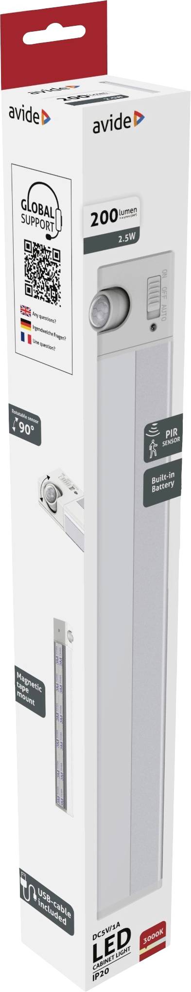 Eine weiße Verpackung mit einem LED-Lichtbalken, 200 Lumen, Bewegungssensor, von der Marke Avide.